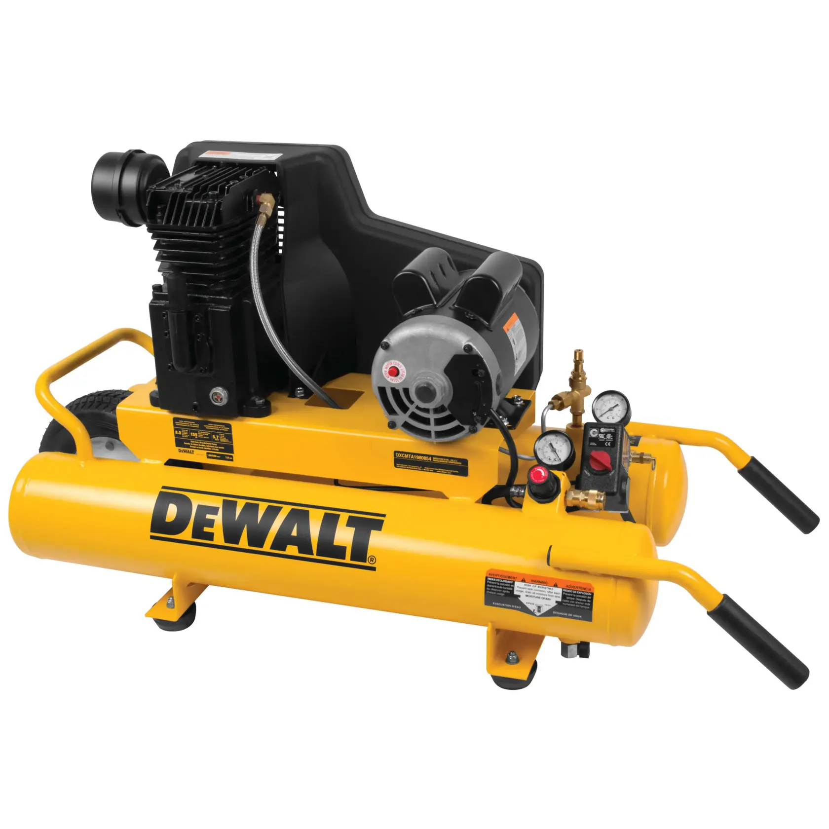 A DEWALT branded yellow air compressor with a dual tank design, visible gauges, and handles, designed for industrial and workshop use.