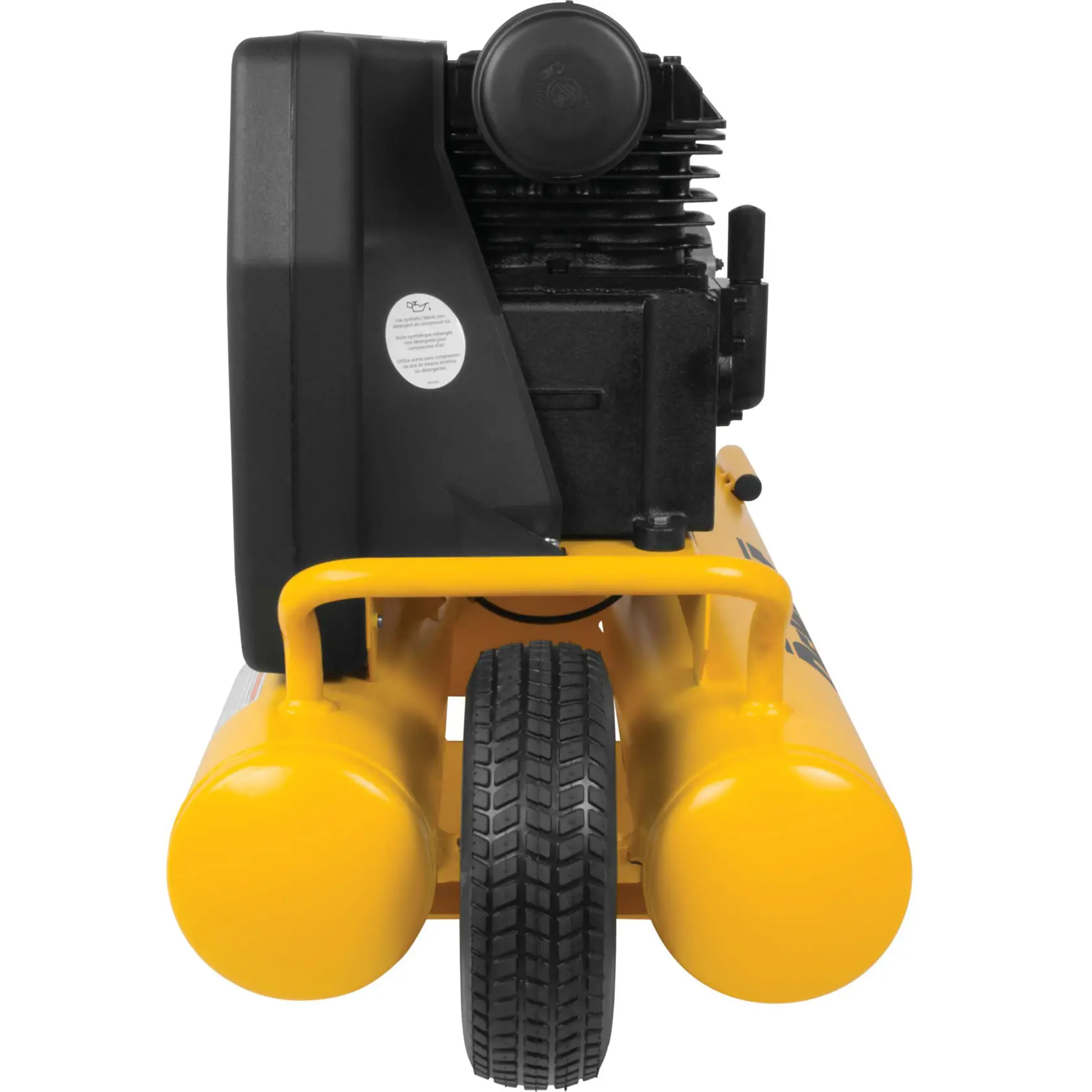 Front view of a DEWALT portable air compressor with two yellow cylindrical tanks, a black motor housing, and a single central wheel.