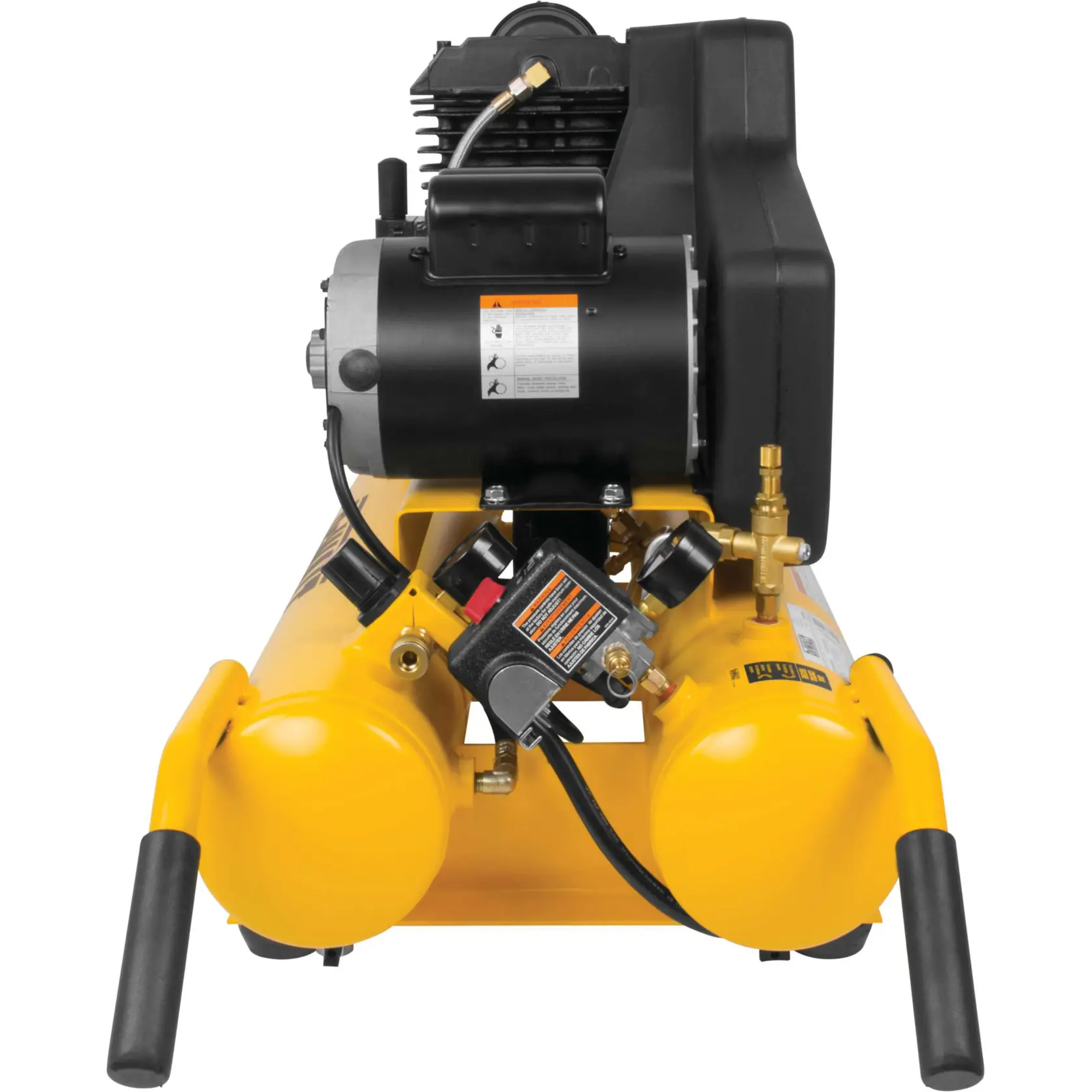 Front view of a DEWALT portable air compressor with a yellow twin-tank design, black motor and handles, and various pressure gauges and controls visible.