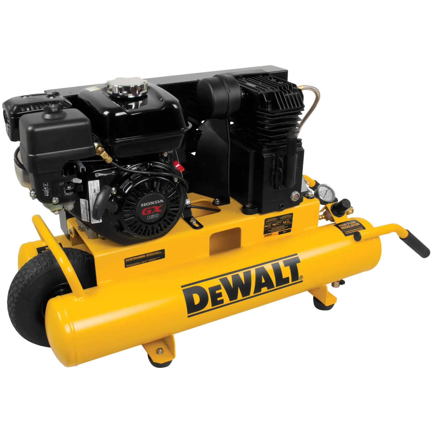 A portable DEWALT air compressor with a yellow tank, black motor, wheels, and handle designed for easy transport.