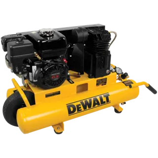 A portable DEWALT air compressor with a yellow tank, black motor, wheels, and handle designed for easy transport.