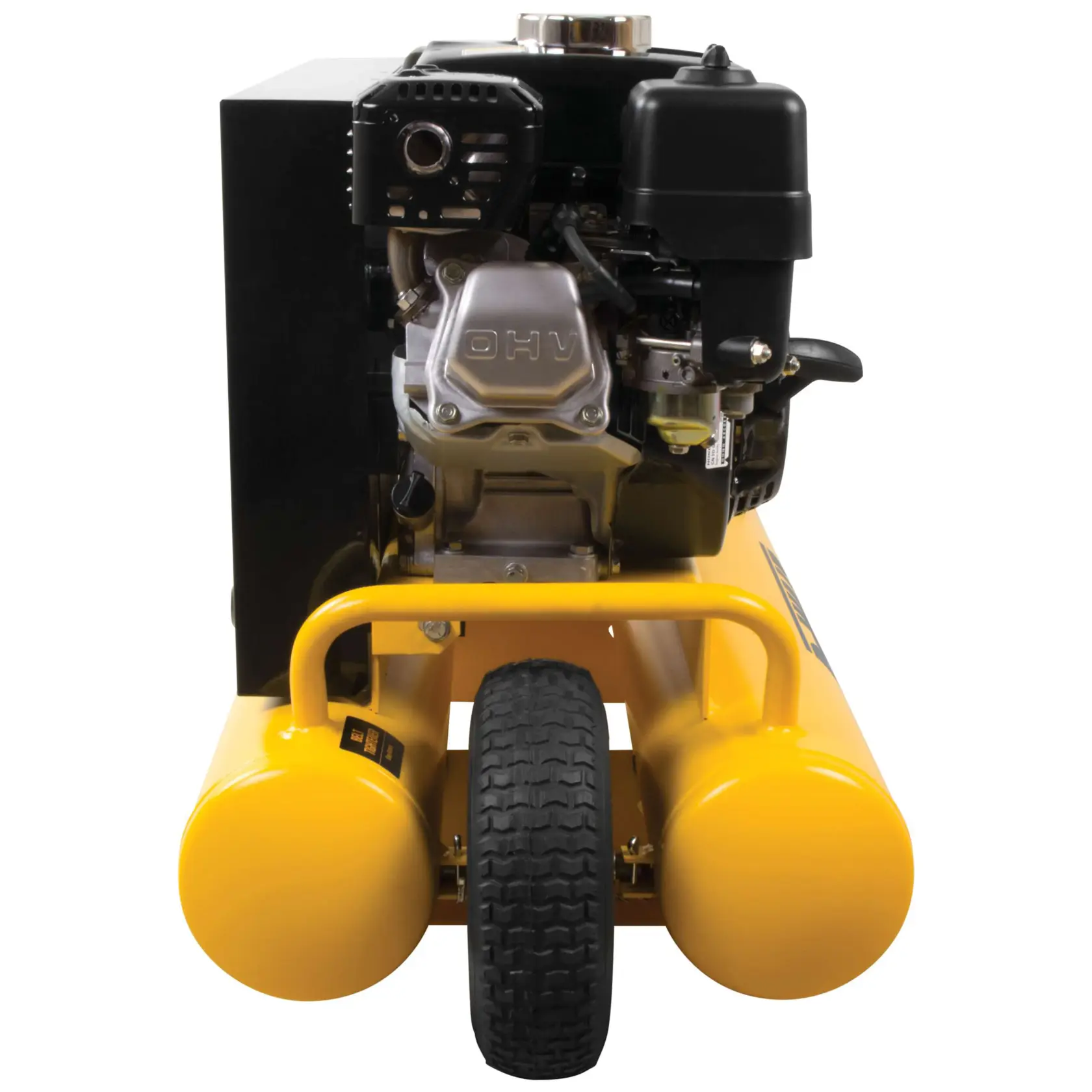 Front view of a DEWALT portable air compressor, featuring a yellow double tank, a central wheel, and a visible engine assembly.
