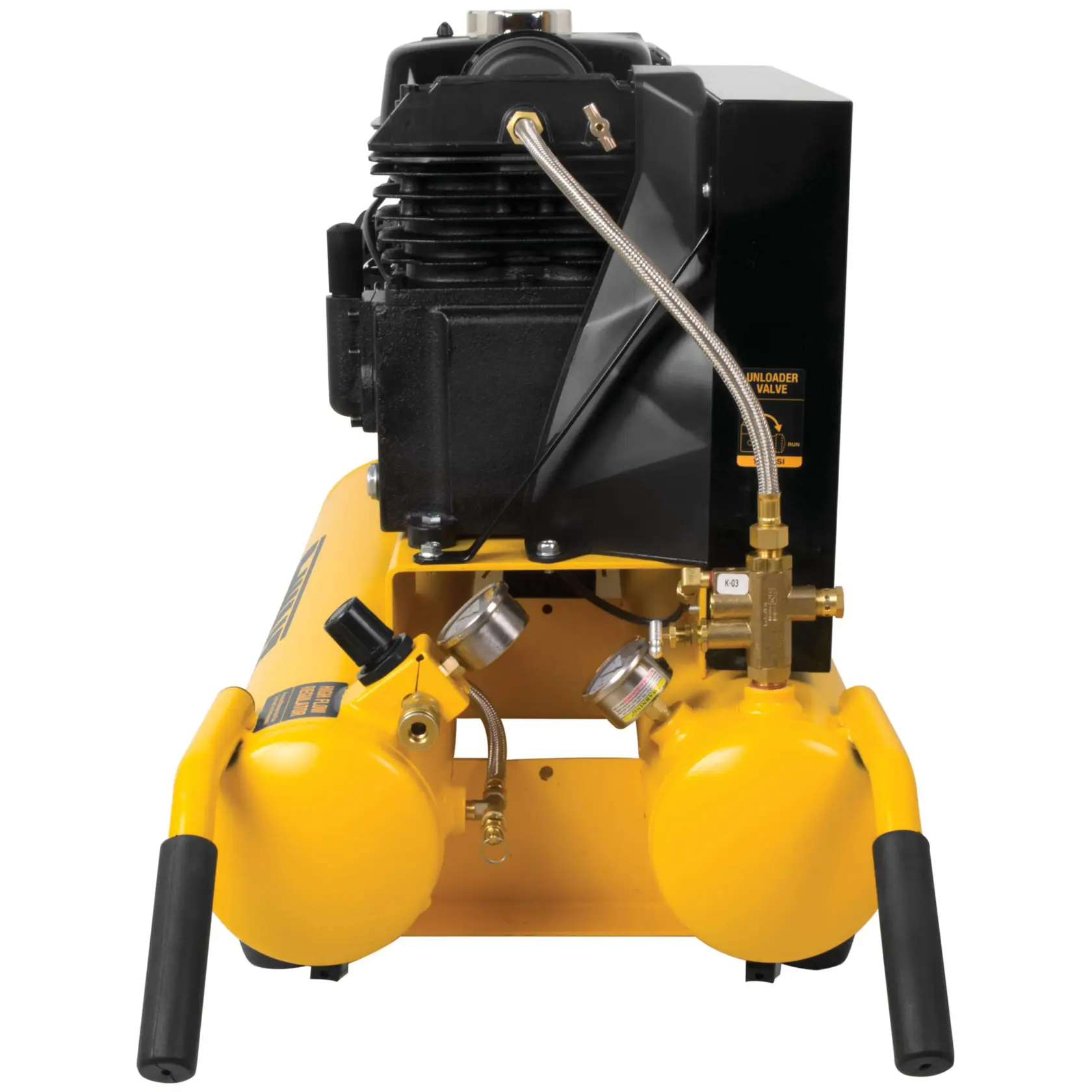 Front view of a DEWALT air compressor featuring dual yellow tanks, pressure gauges, black handle grips, and metal fittings.