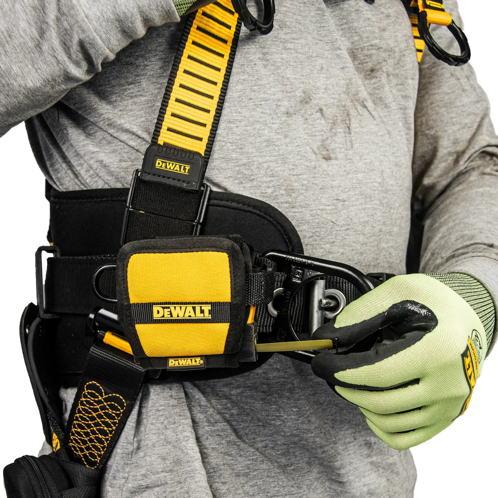 Close up front view of the DEWALT Tape Measure Holder attached on DEWALT Harness