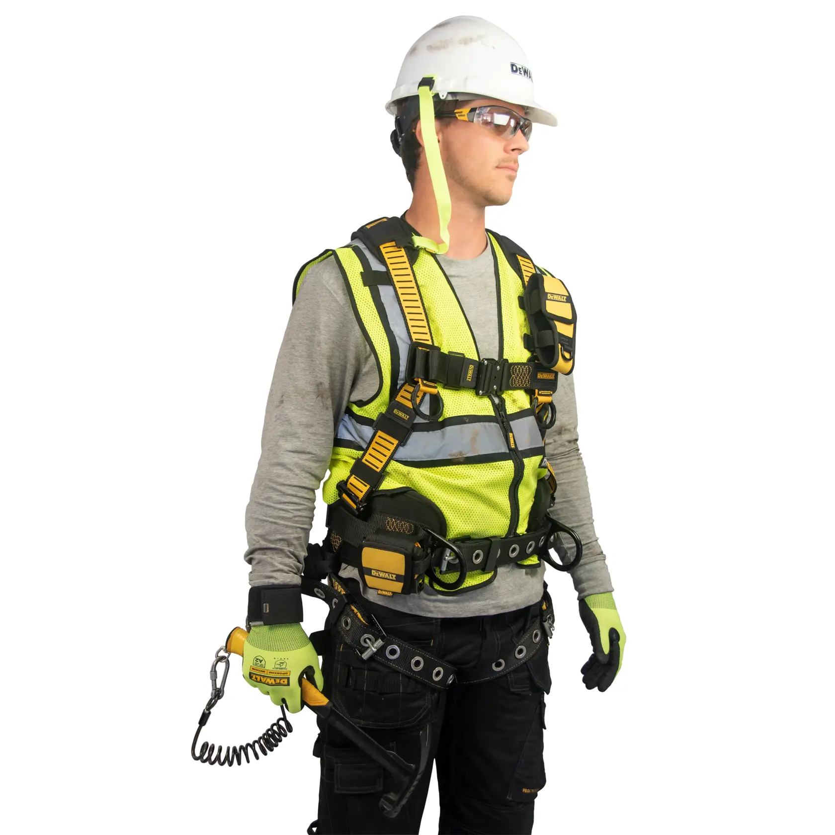 Side view of the DEWALT Wristband Tool Anchor attached on a workman