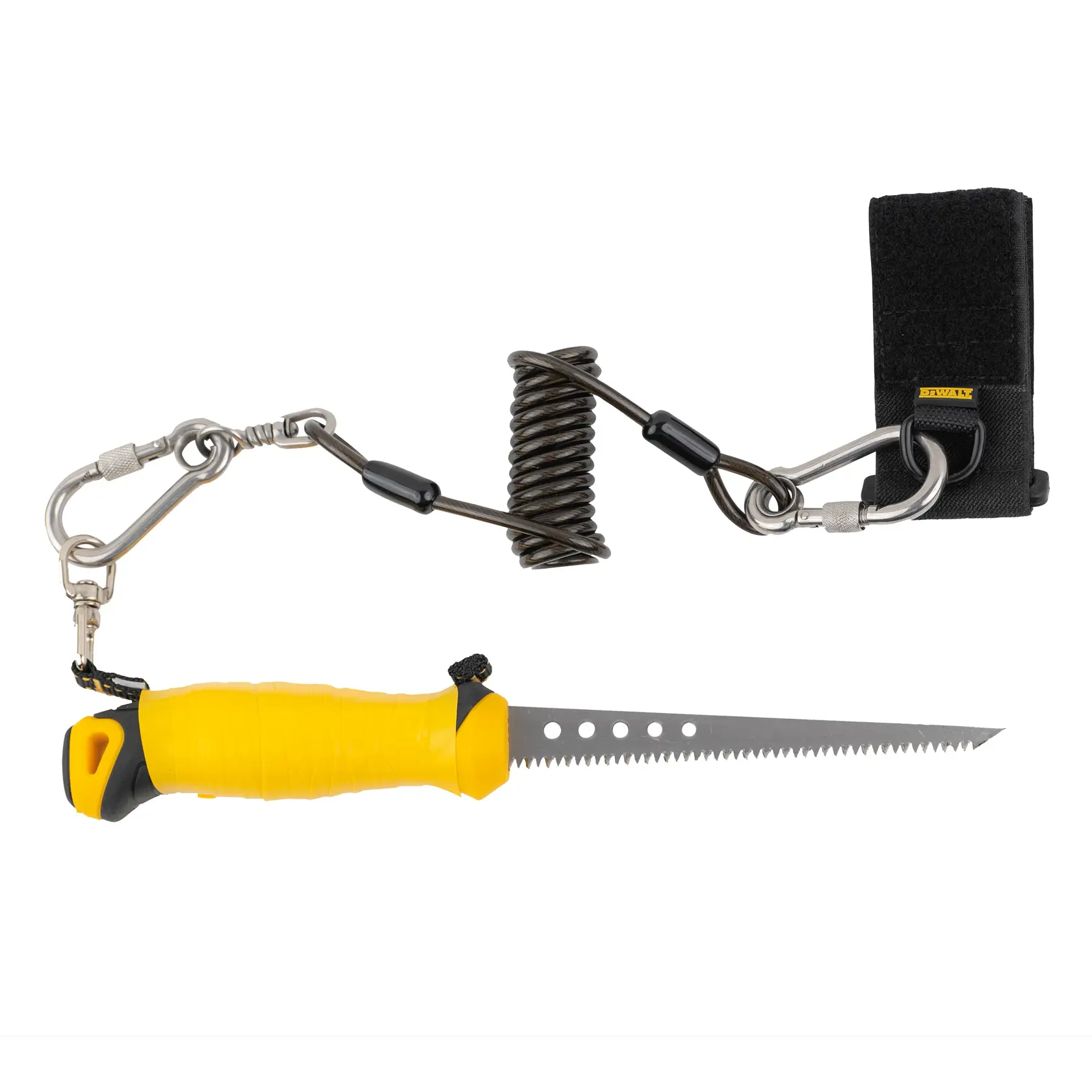 Top view of the DEWALT Wristband Tool Anchor with COILED TOOL LANYARD, tool attachment.