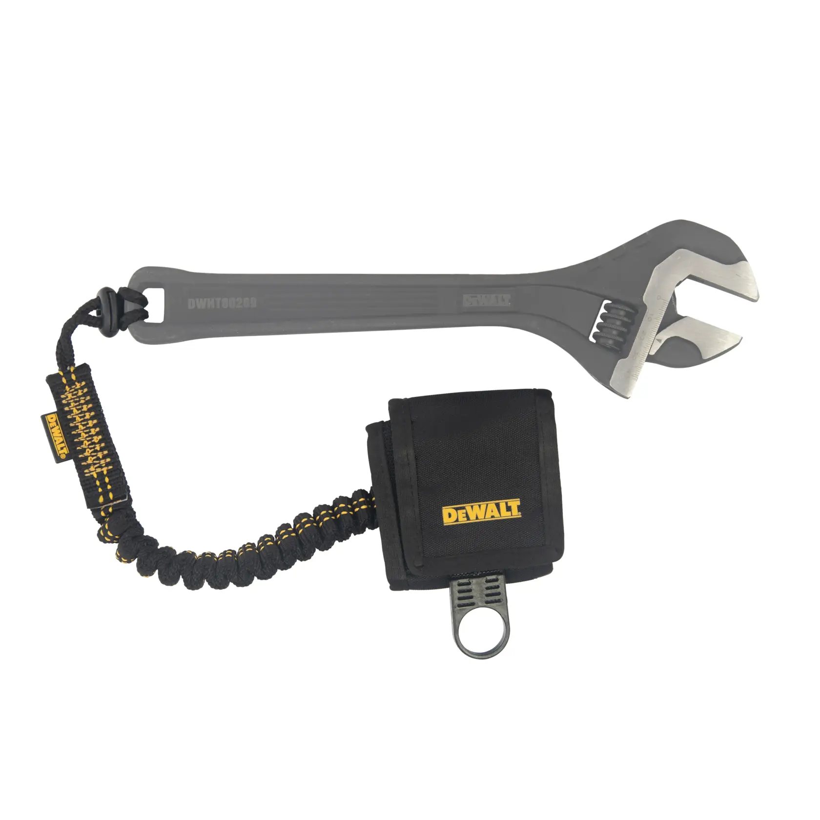 Top view of the  DEWALT Wristband Tool Anchor with Lanyard cinched on a tool