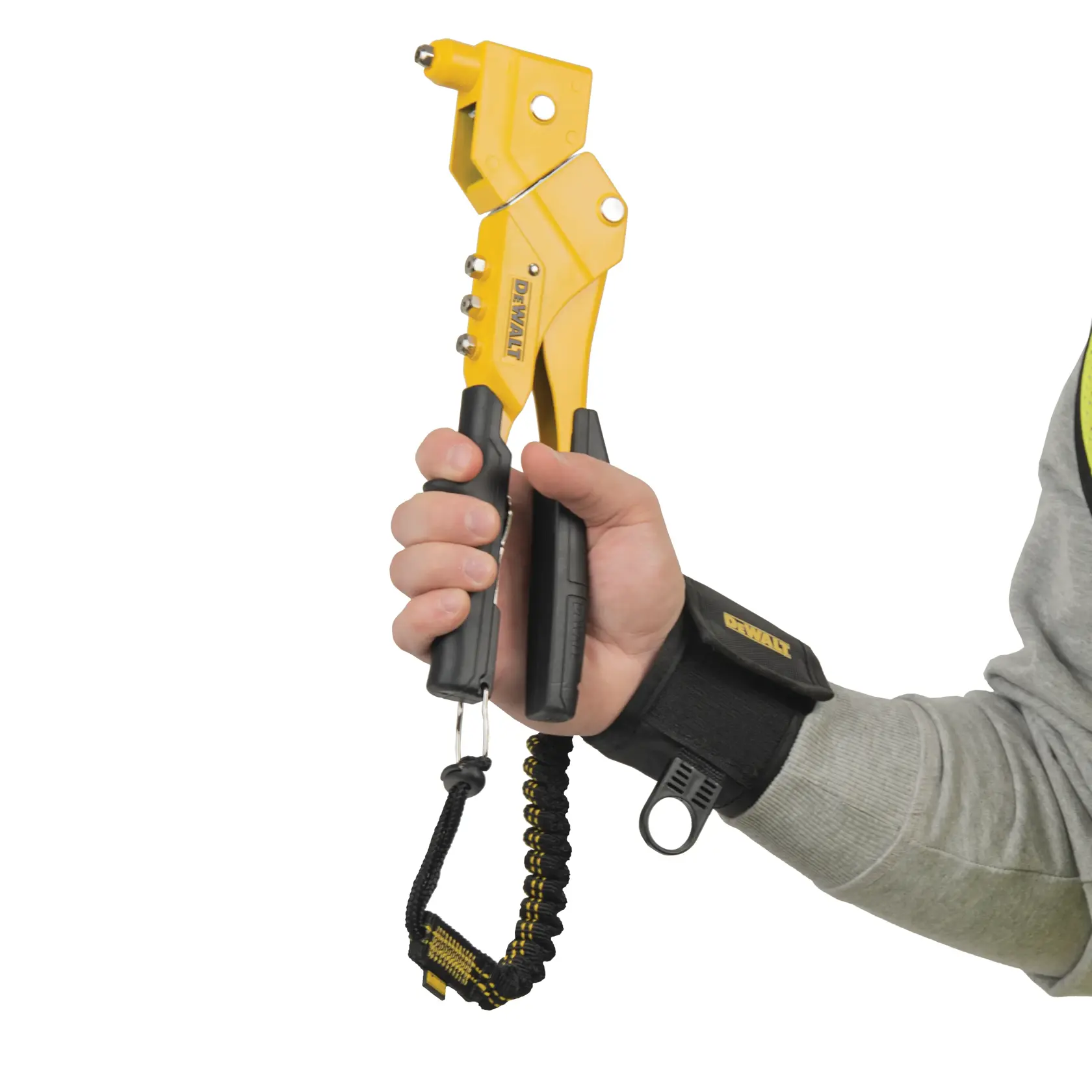 Side view of the  DEWALT Wristband Tool Anchor with Lanyard cinched on a tool demo