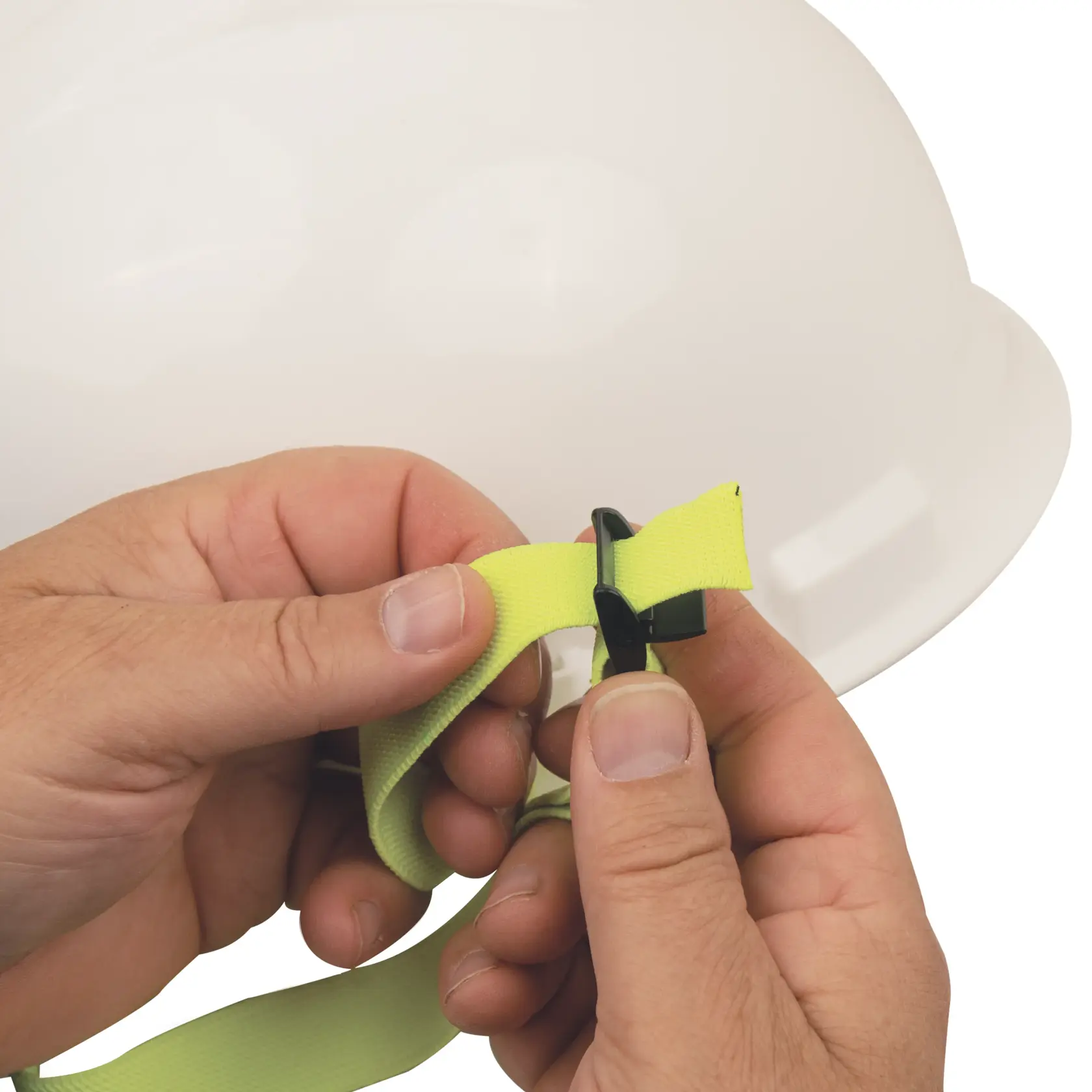 Front view of the DEWALT Hard Hat Lanyard been secured by clip