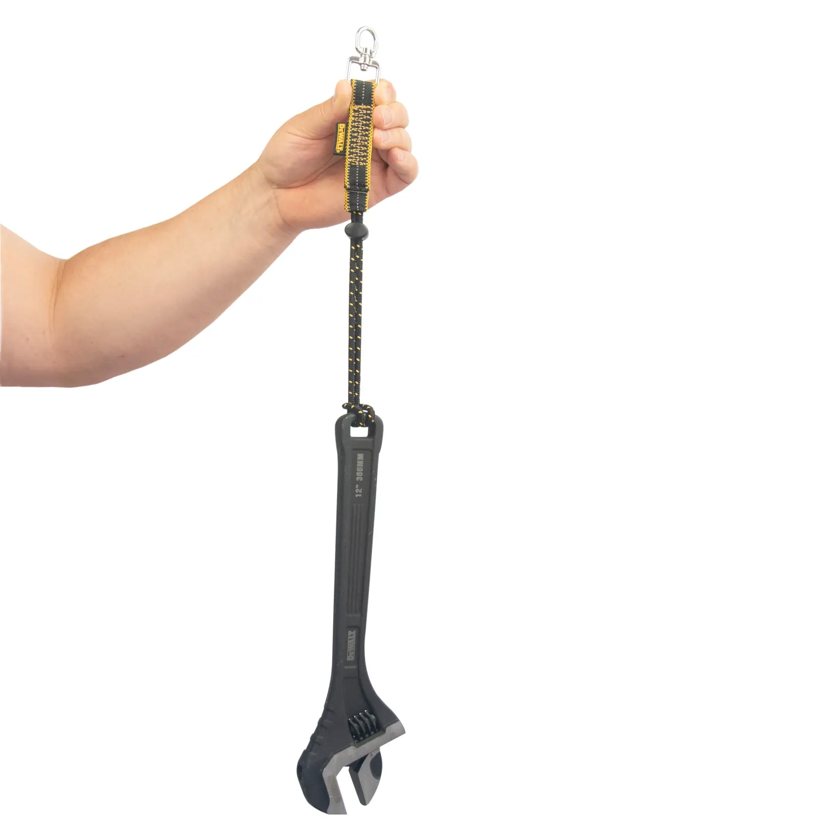 Side view of the DEWALT Elastic Tool Attachment with Swiveling D-Ring. On a wrench