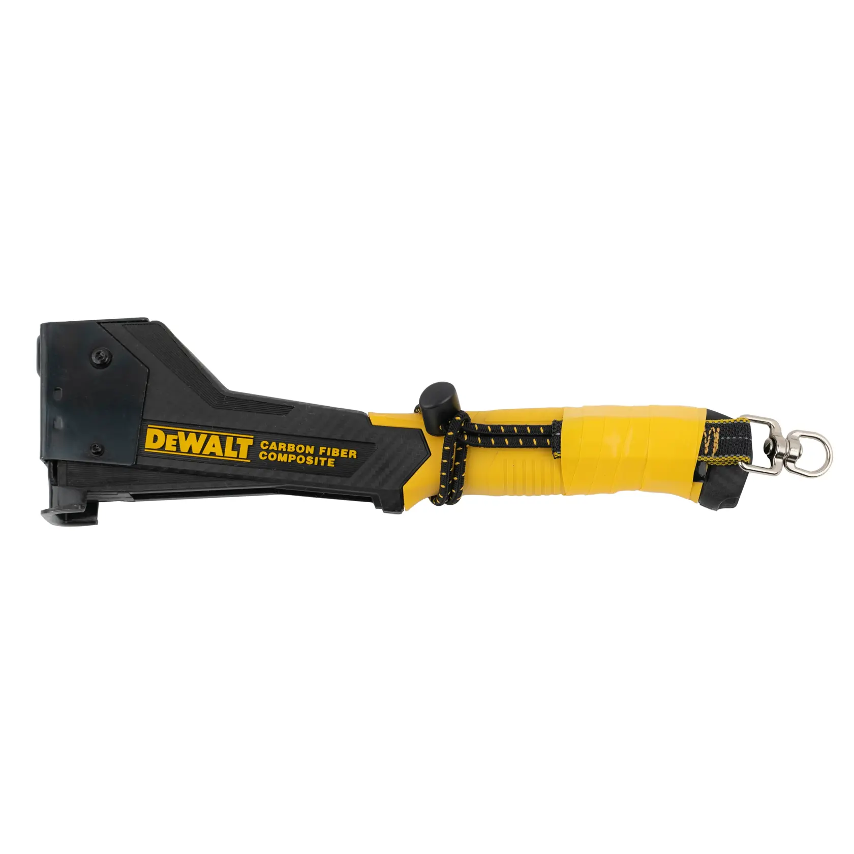Side view of the DEWALT Elastic Tool Attachment with Swiveling D-Ring. On a riveter gun