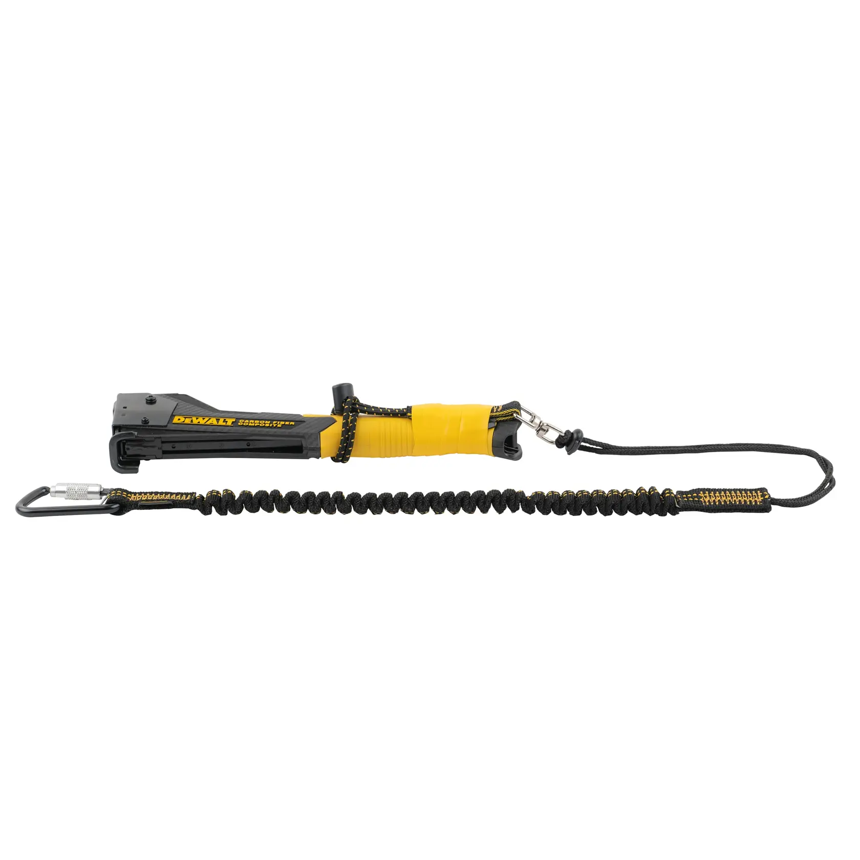 Side view of the DEWALT Elastic Tool Attachment with Swiveling D-Ring, tool lanyard on a riveter gun
