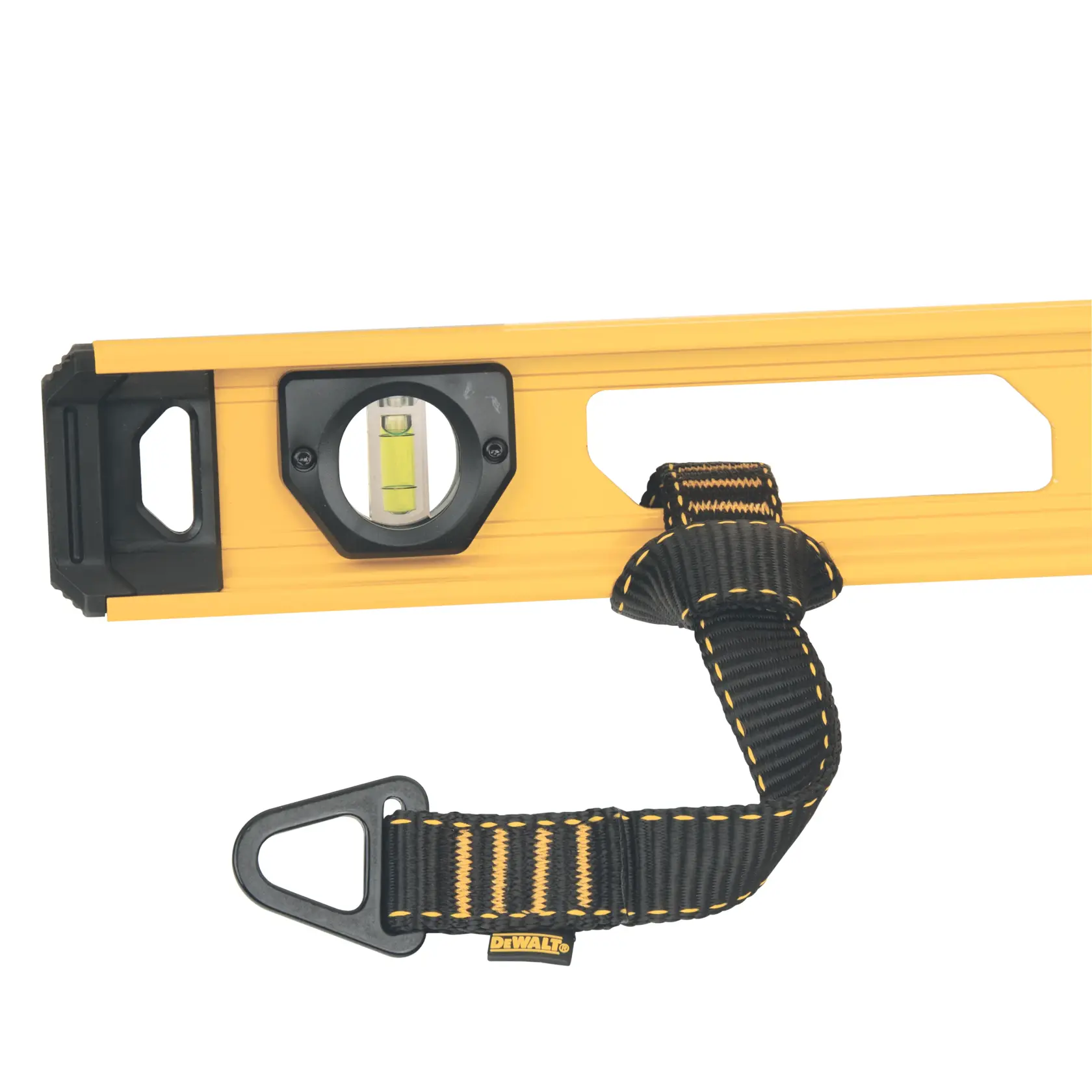 Front view of the DEWALT V-Ring Tool Attachment on a level
