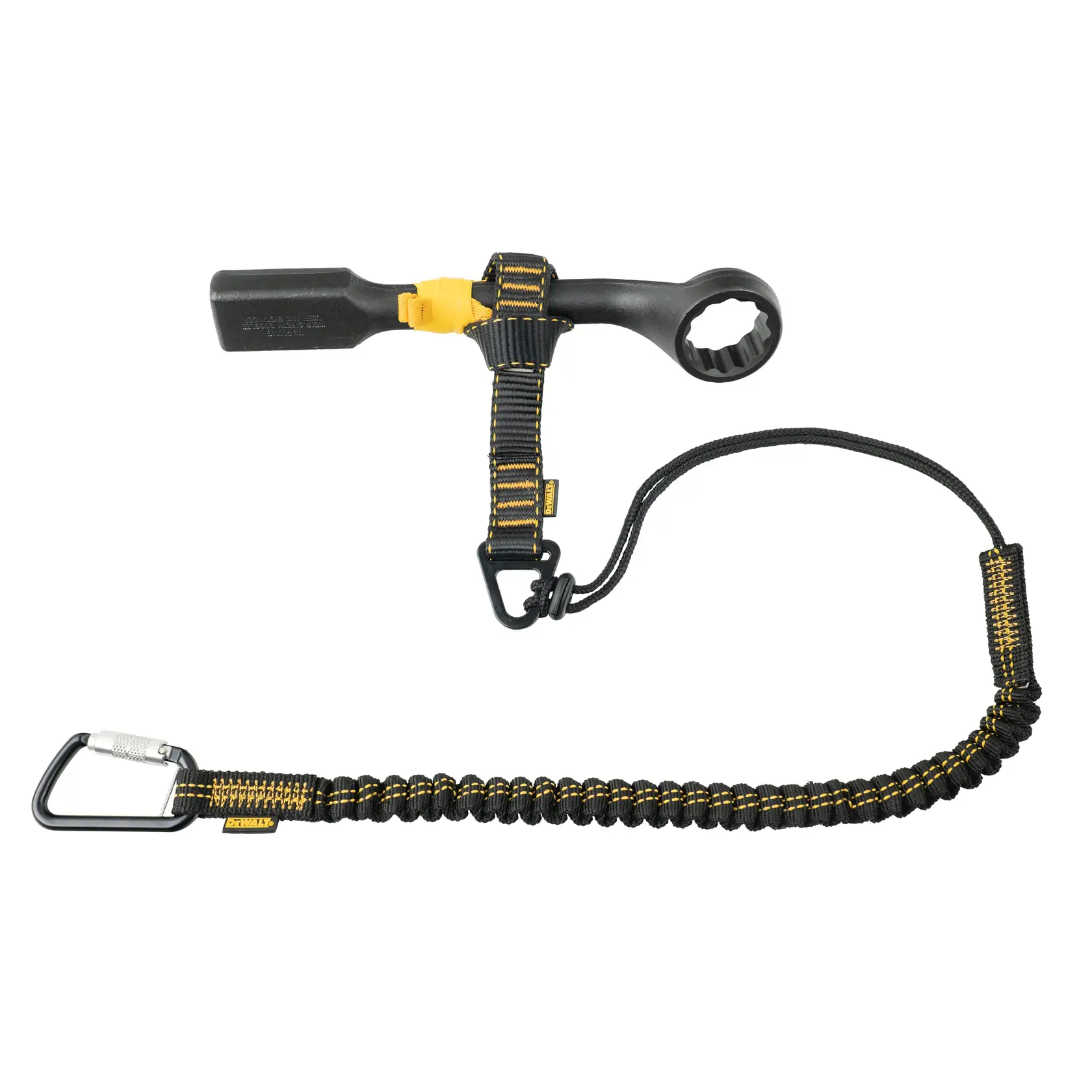 Front view of the DEWALT V-Ring Tool Attachment - Single Wing, tool lanyard on a wrench