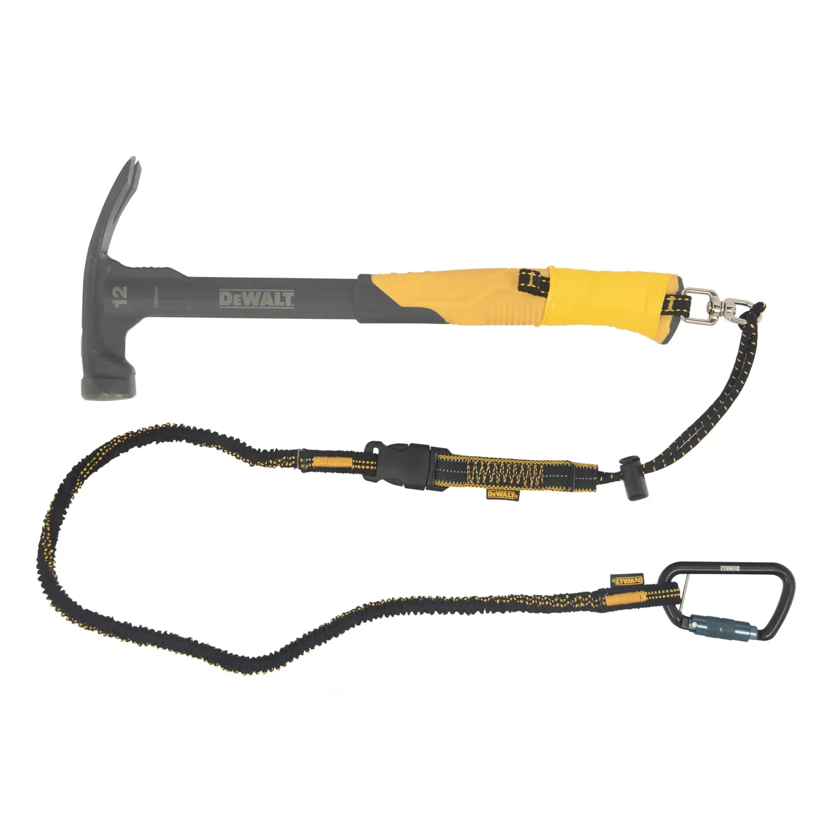 Front view of the DEWALT Quick Connect Tool Attachment, lanyard, taped on a hammer