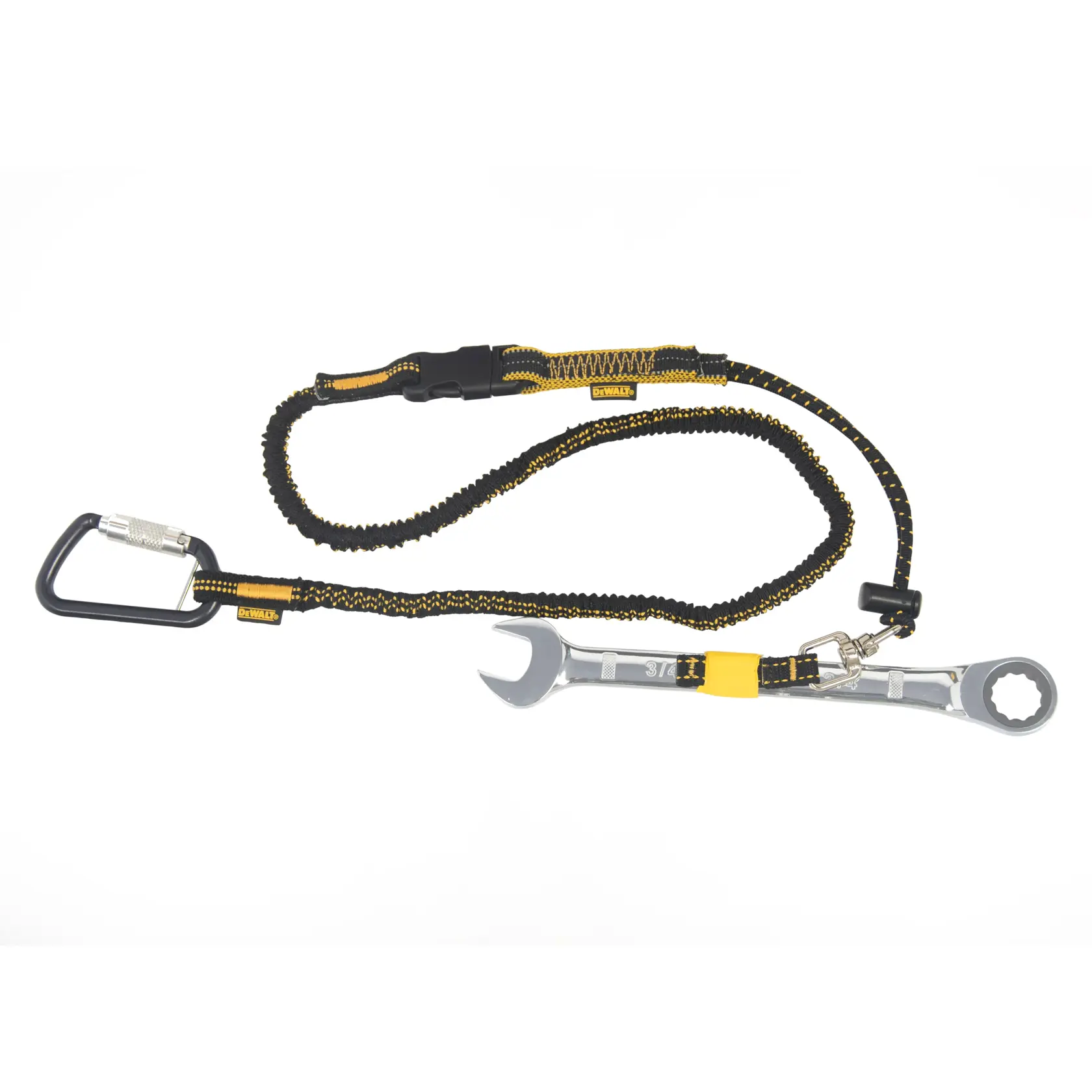Front view of the DEWALT Quick Connect Tool Attachment, lanyard, taped on a open wrench
