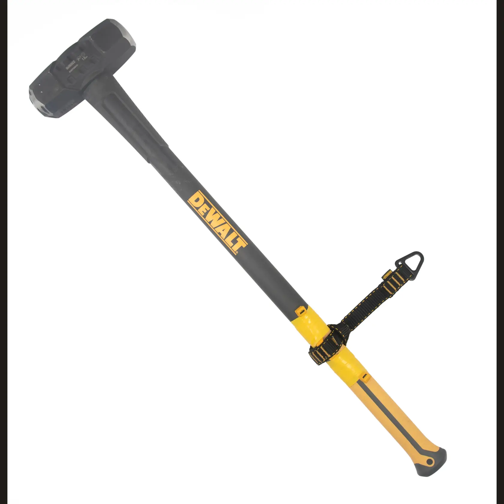 Front view of the DEWALT V-Ring Tool Attachment - Double Wing taped on a sledge hammer