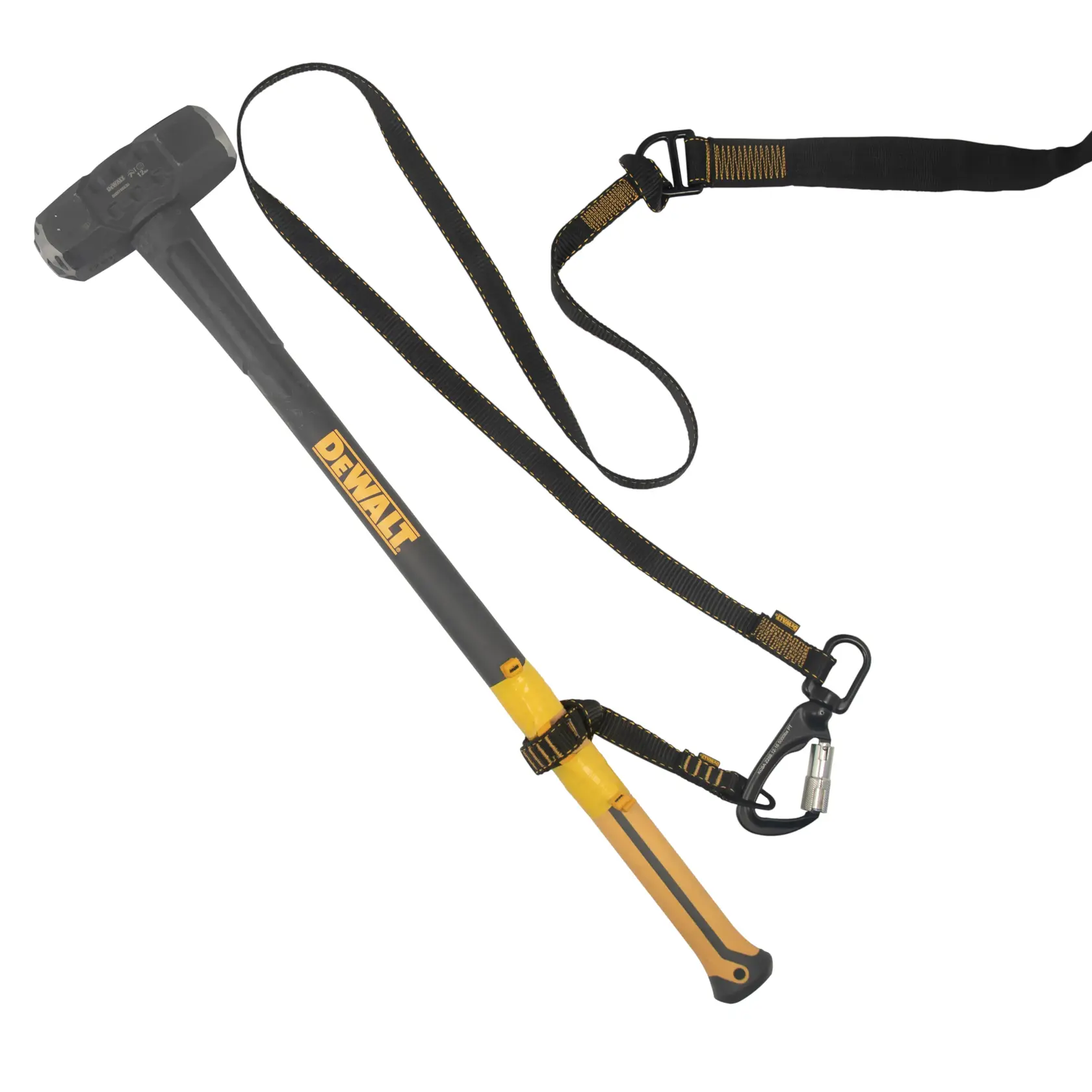 side view of the DEWALT V-Ring Tool Attachment - Double Wing, taped on a sledge hammer,with lanyard and anchor