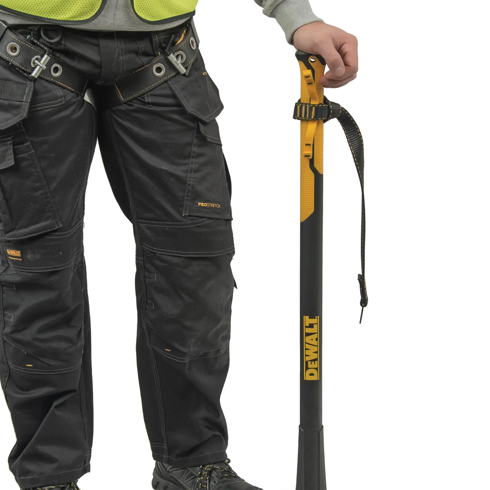 side view of the DEWALT V-Ring Tool Attachment - Double Wing, taped on a sledge hammer