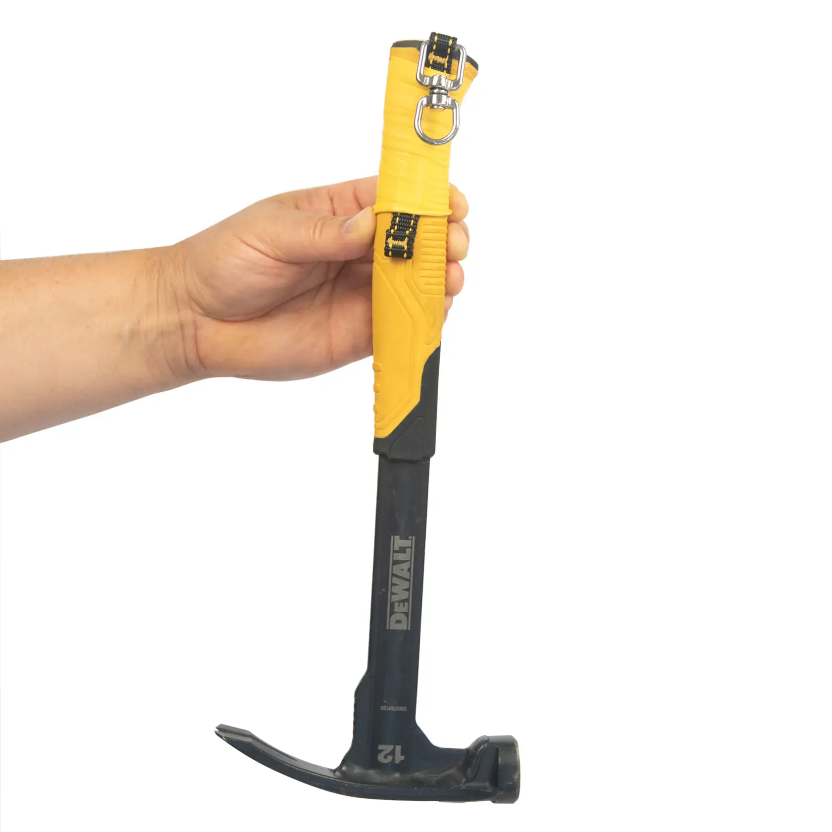 Front view of the DEWALT Tool Attachment with Swiveling  D-Ring taped on a hammer