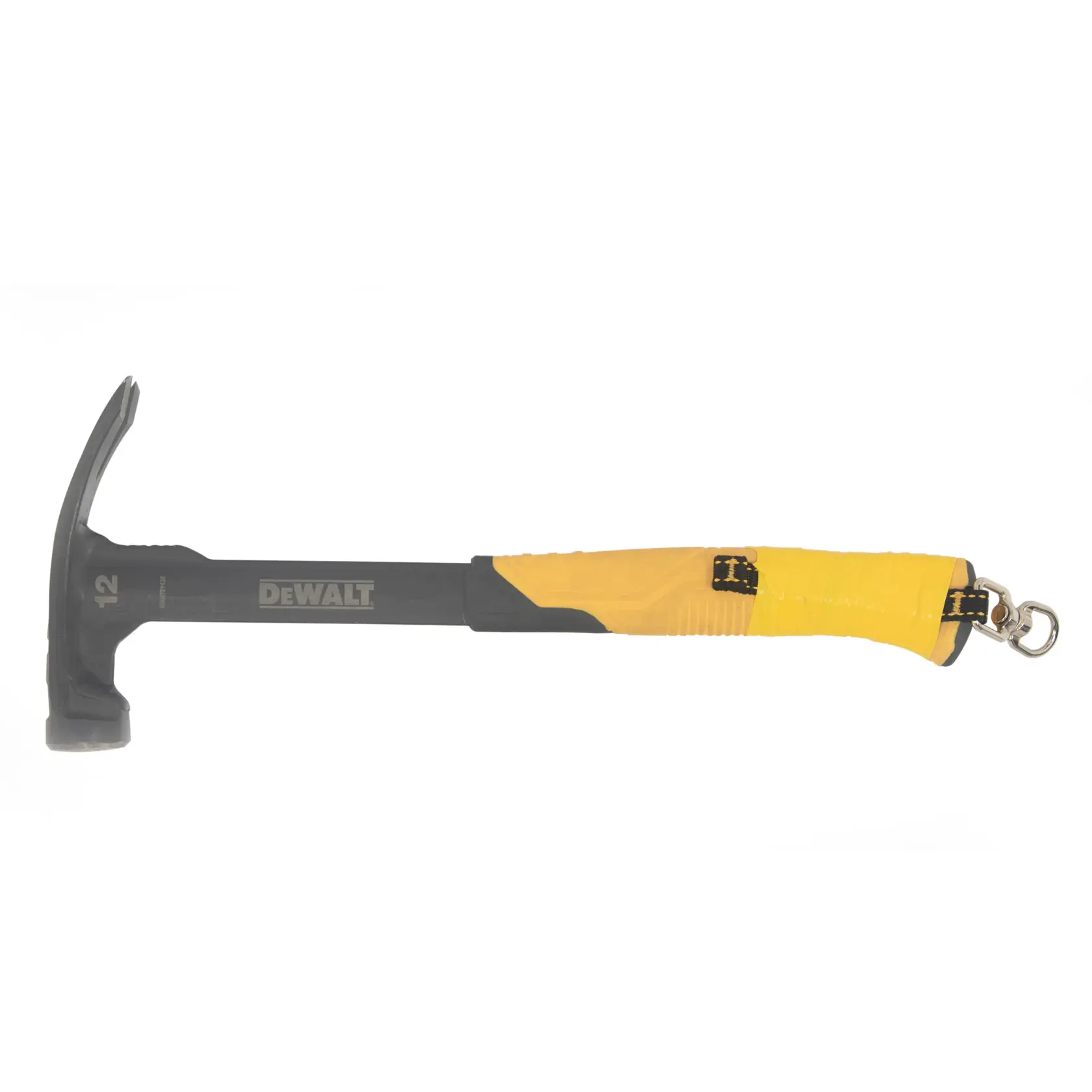 side view of the DEWALT Tool Attachment with Swiveling  D-Ring taped on a hammer