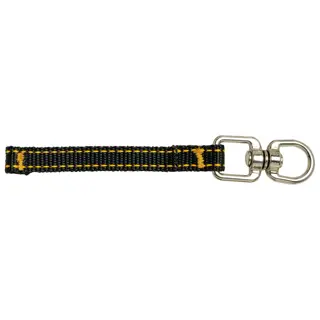 A close-up image of a black and yellow nylon strap with a silver metal swivel hook attachment on one end.