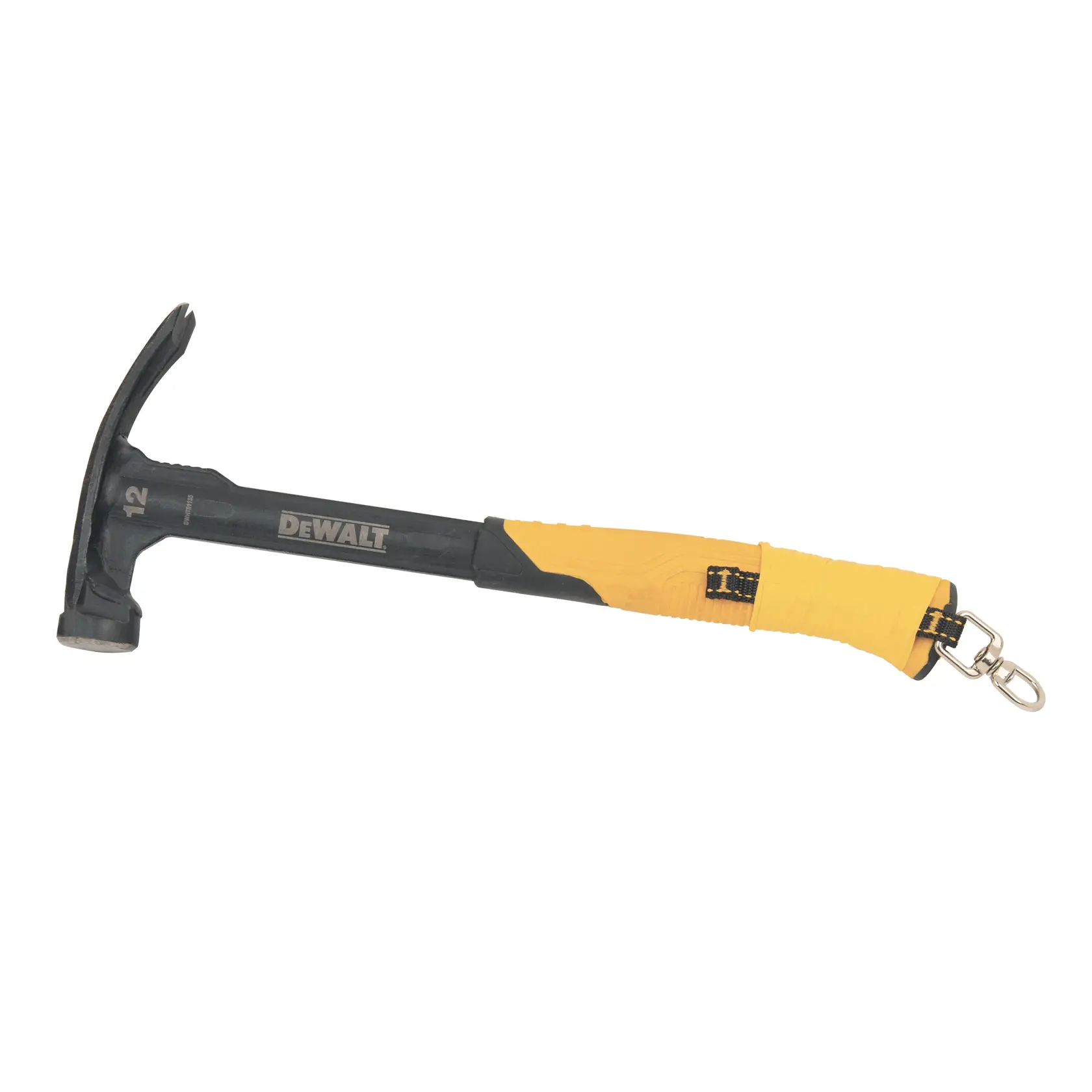 side view of the DEWALT Tool Attachment with Swiveling D-Ring taped on a hammer