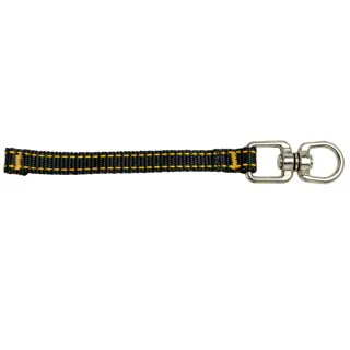 A black and yellow nylon strap with reinforced stitching and a metal swivel snap hook at one end.