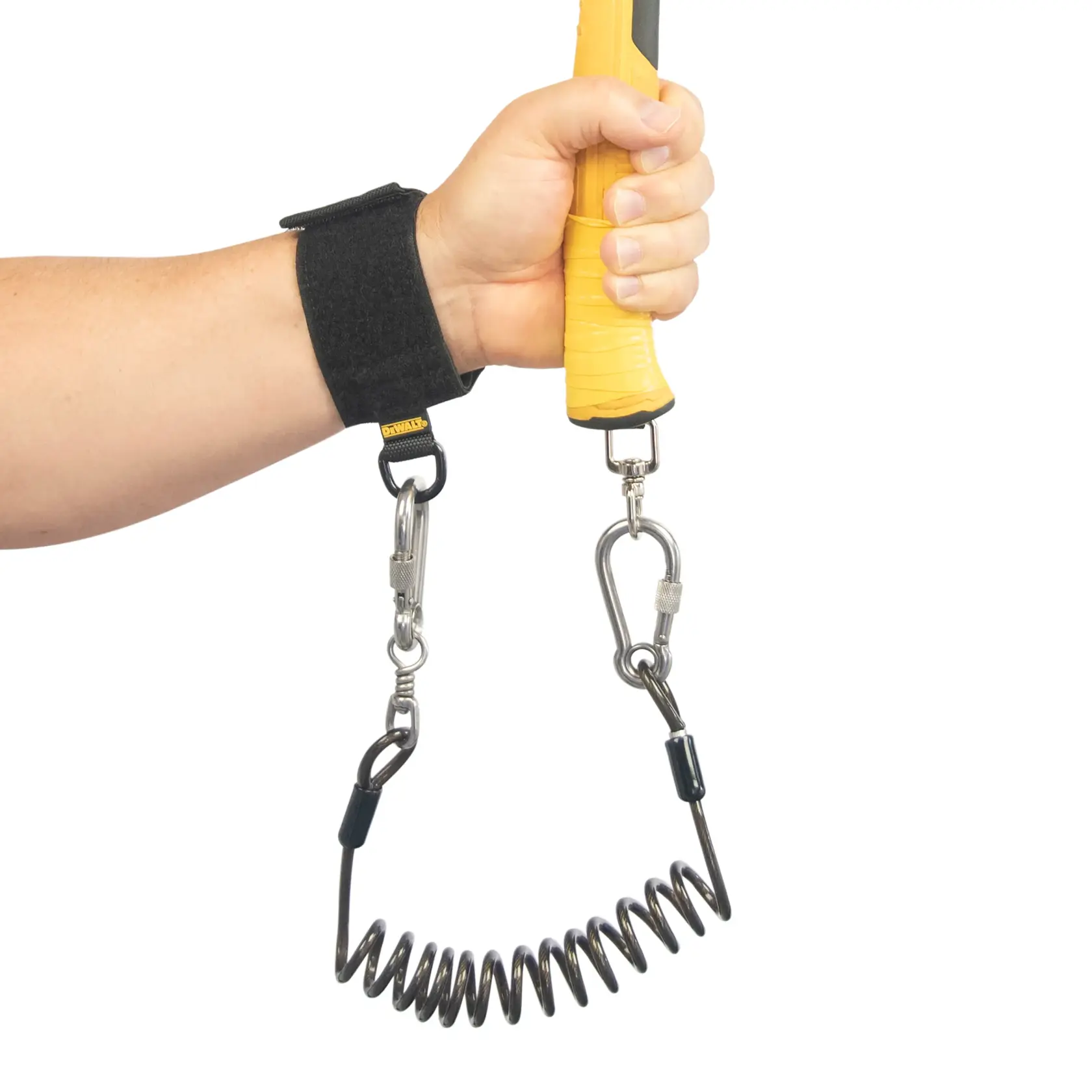 Front view of the DEWALT Tool Attachment with Swiveling D-Ring taped on a hammer, coiled lanyard, wrist holder
