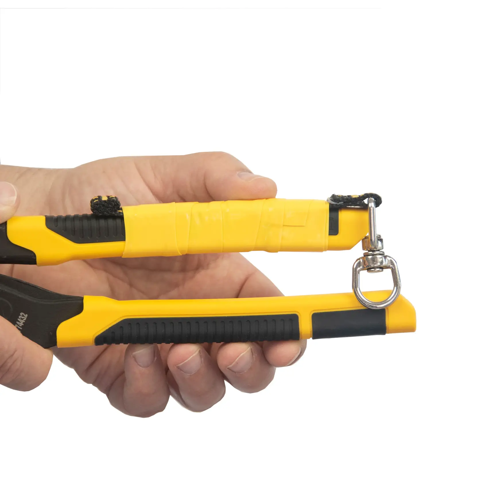 A close-up image of a hand holding a yellow and black DEWALT tool tether, featuring a wrapped handle and a metal D-ring for secure attachment.