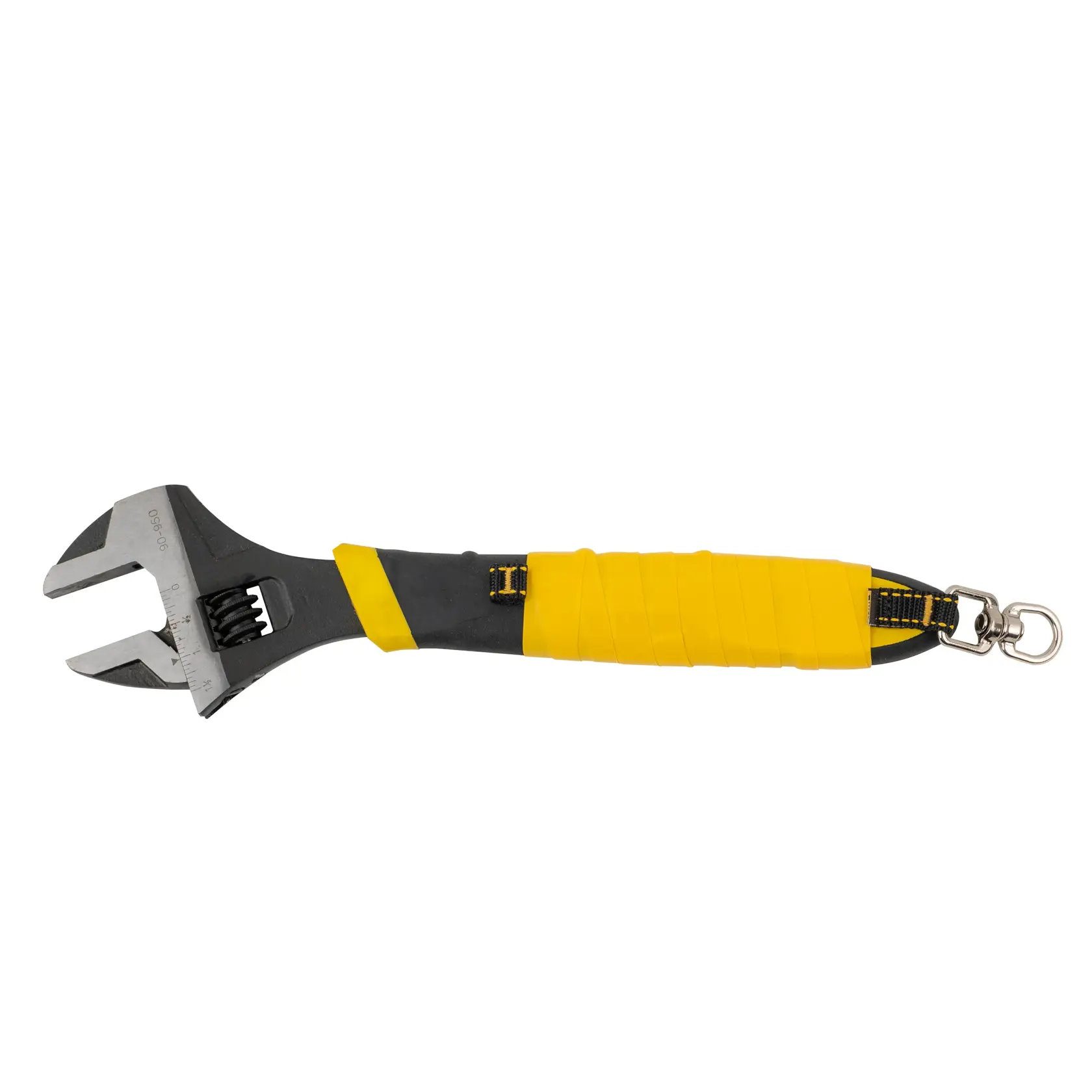 side view of the DEWALT Tool Attachment with Swiveling D-Ring taped on a english wrench