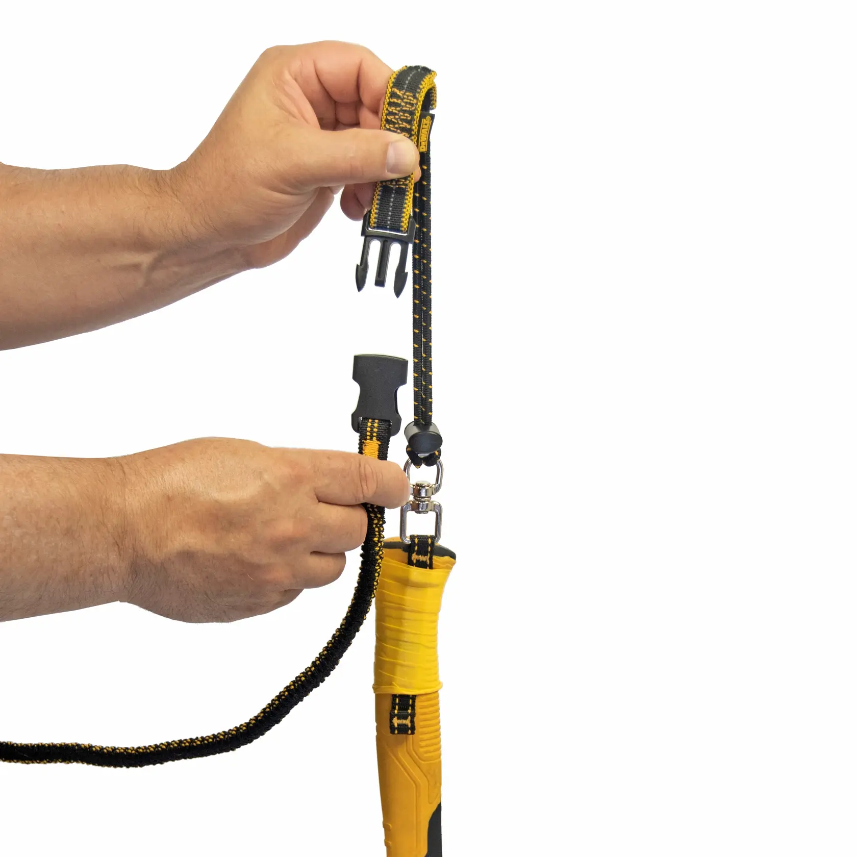 Side view of the DEWALT  Elastic Tool Attachment Lanyard attached to tool attachment