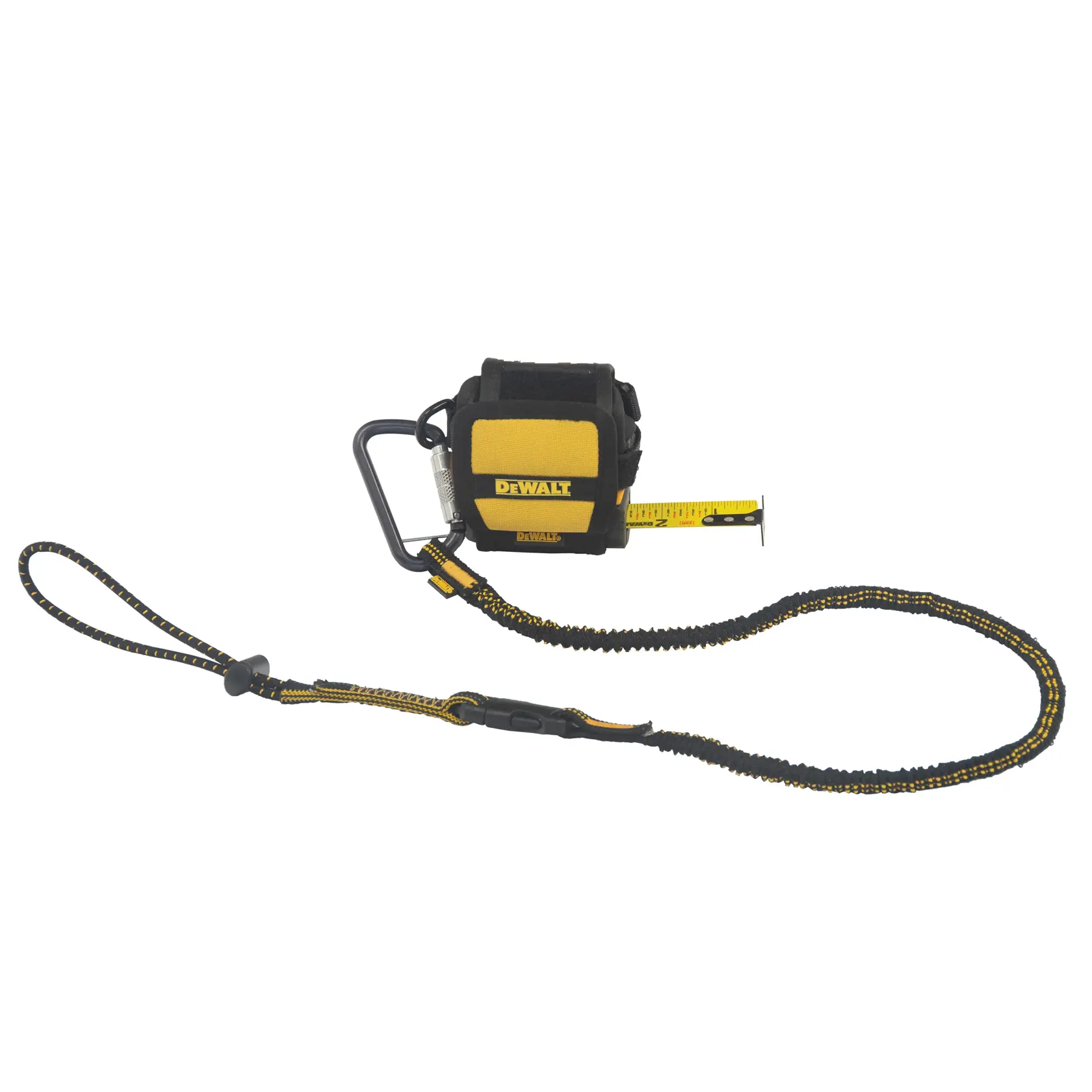 front view of the DEWALT  Elastic Tool Attachment Lanyard attached to tool attachment on a tape measure