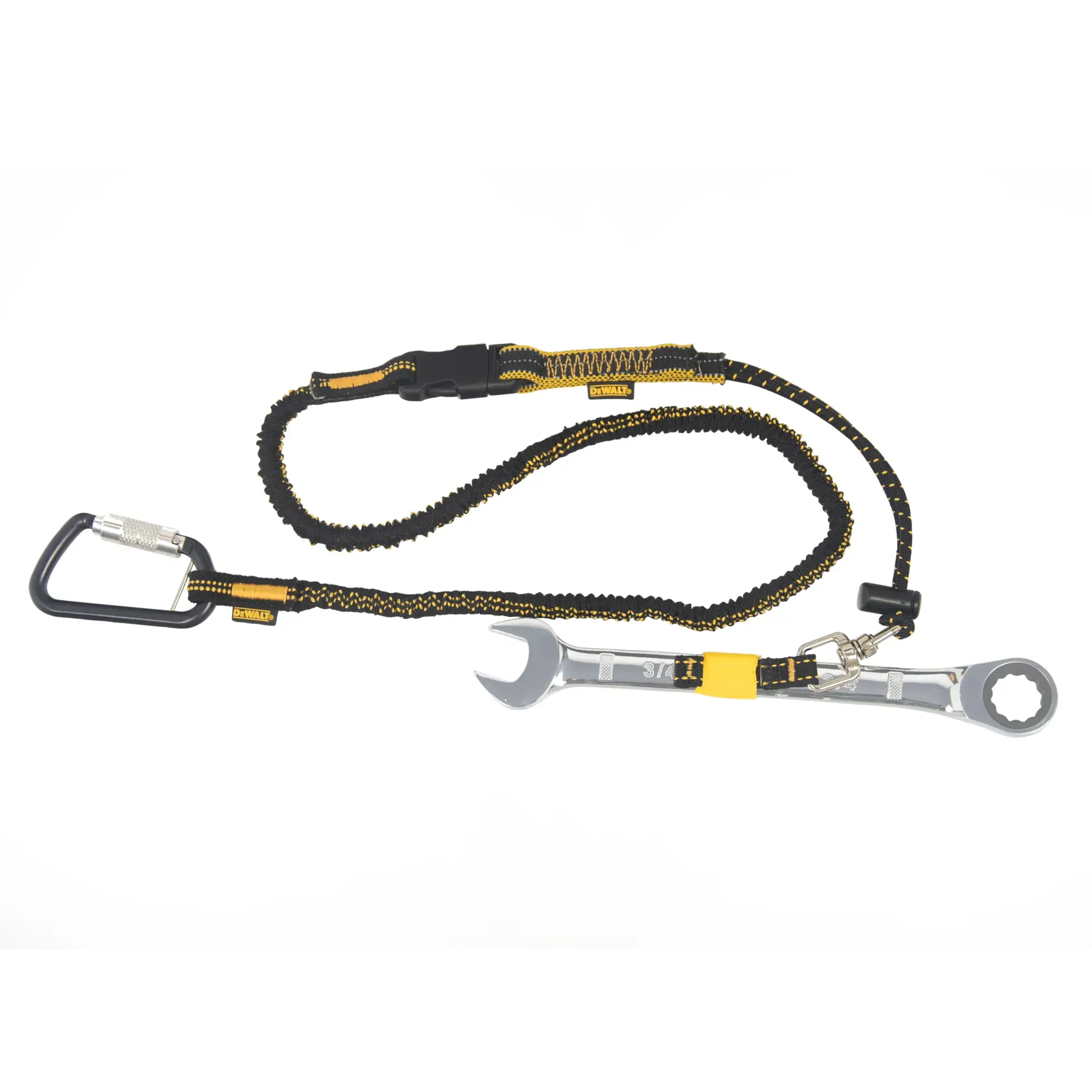 front view of the DEWALT  Elastic Tool Attachment Lanyard attached to tool attachment on a open wrench