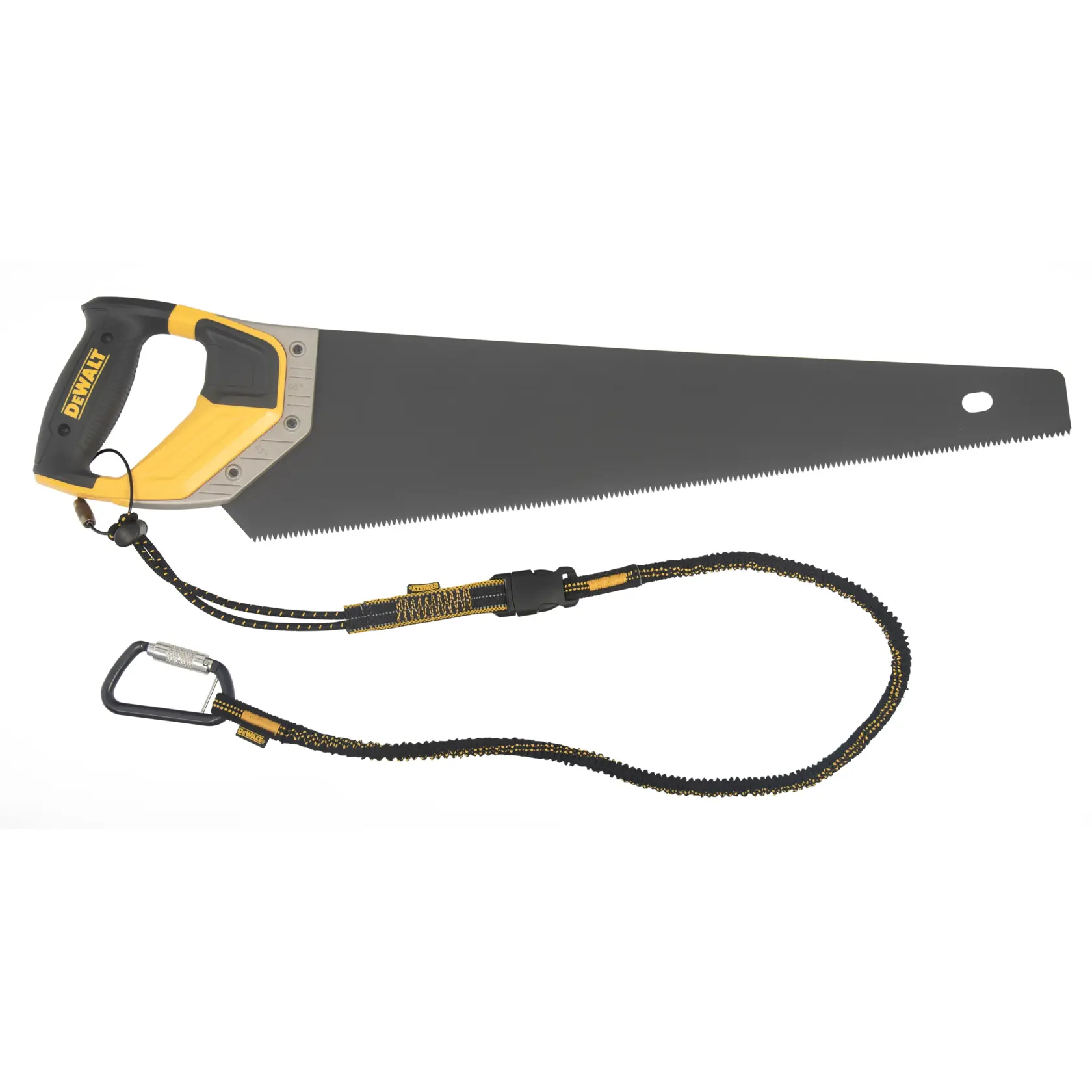 Front view of the DEWALT Quick Connect Tool Lanyard attached to tool attachment on a hand saw