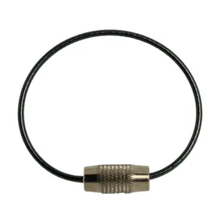 A black wire loop with a metallic twist-lock connector, photographed on a white background. This item is commonly used as a key ring or cable for securing tools and accessories.