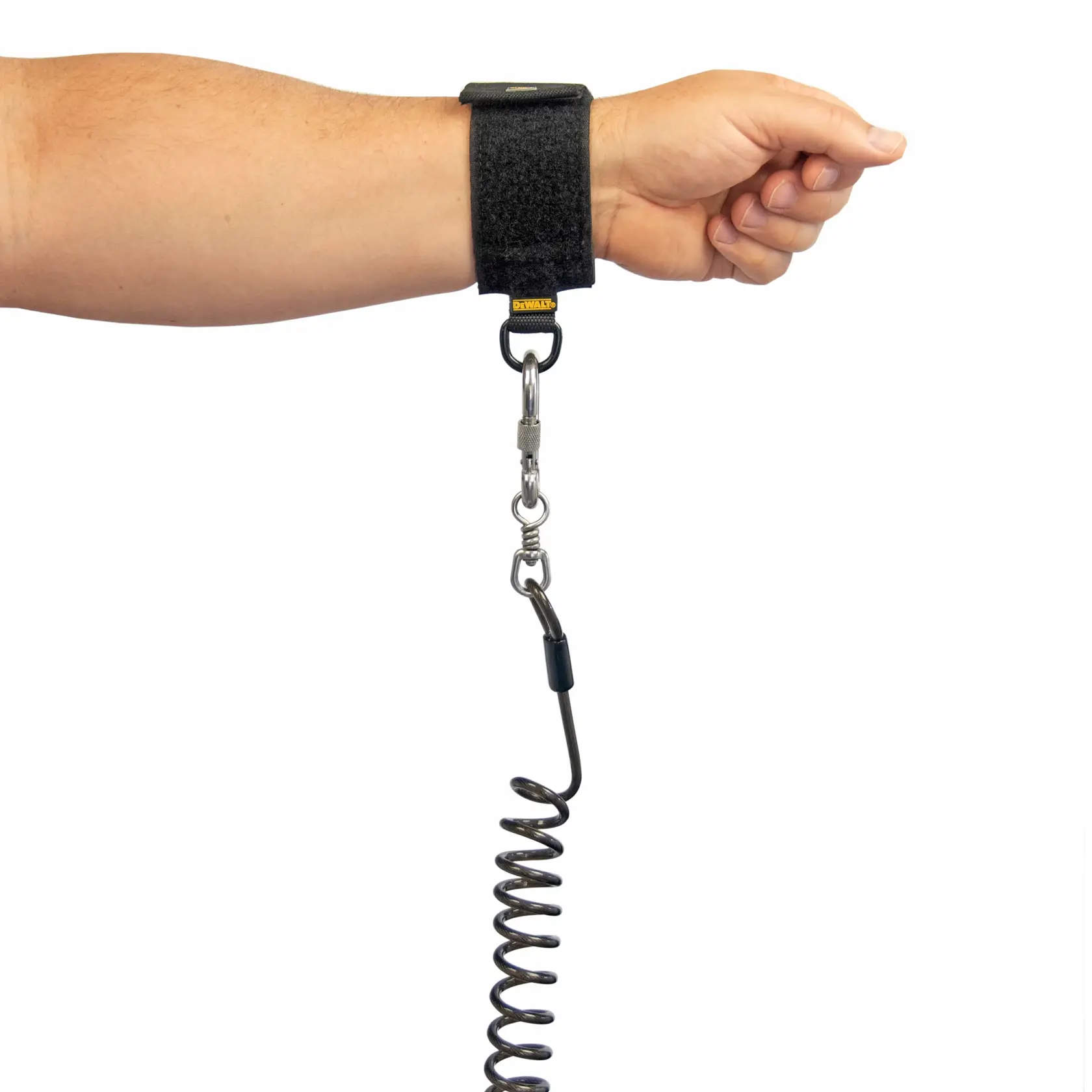 Front view of the DEWALT Coiled Tool Lanyard on a wristband holder