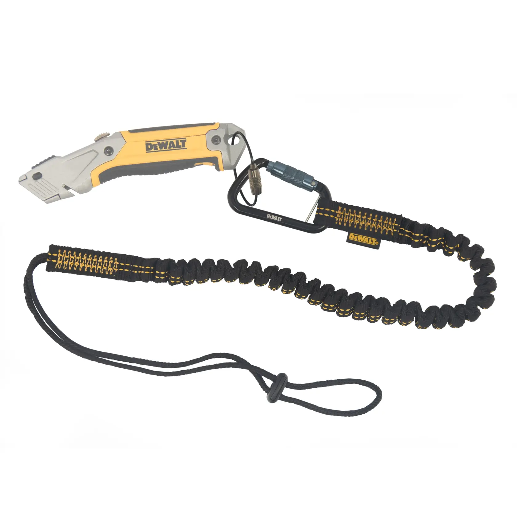 Front view of the DEWALT Single Leg Tool Lanyard on a utility knife