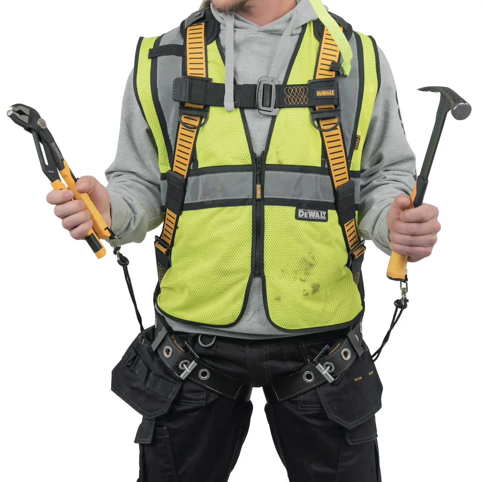 Front view of the DEWALT Twin Leg Tool Lanyard on workman holding 2 tools attached