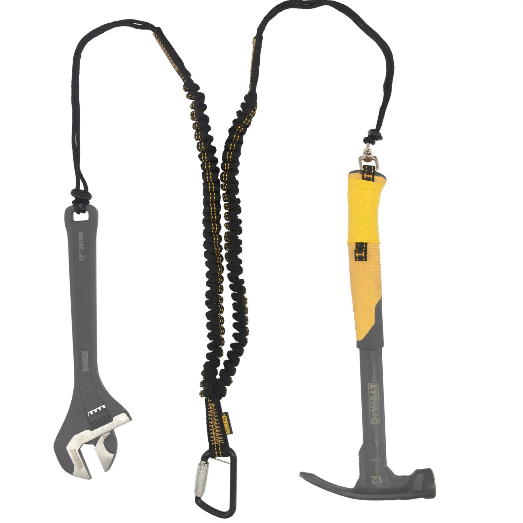 Front view of the DEWALT Twin Leg Tool Lanyard with 2 tool attached