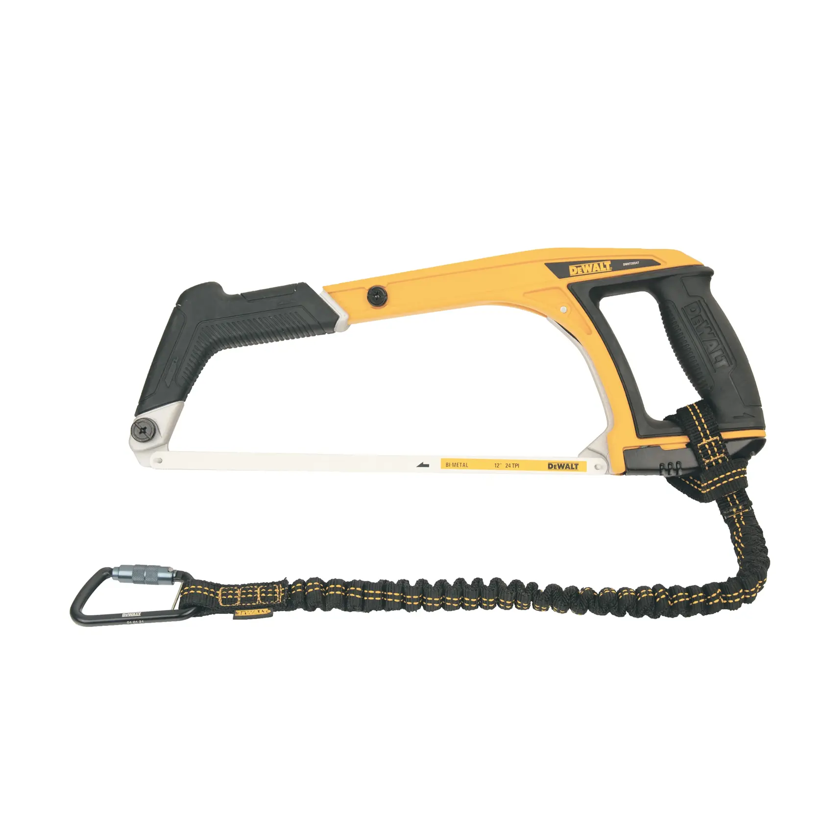 Front view of the DEWALT Single Leg Tool Lanyard cinched on a hex saw