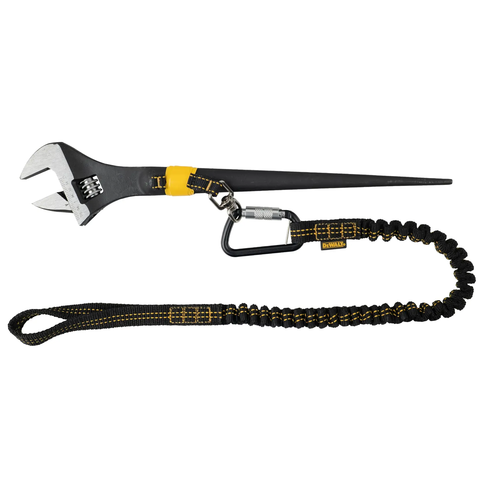 Front view of the DEWALT Single Leg Tool Lanyard with tool attachment on a open wrench
