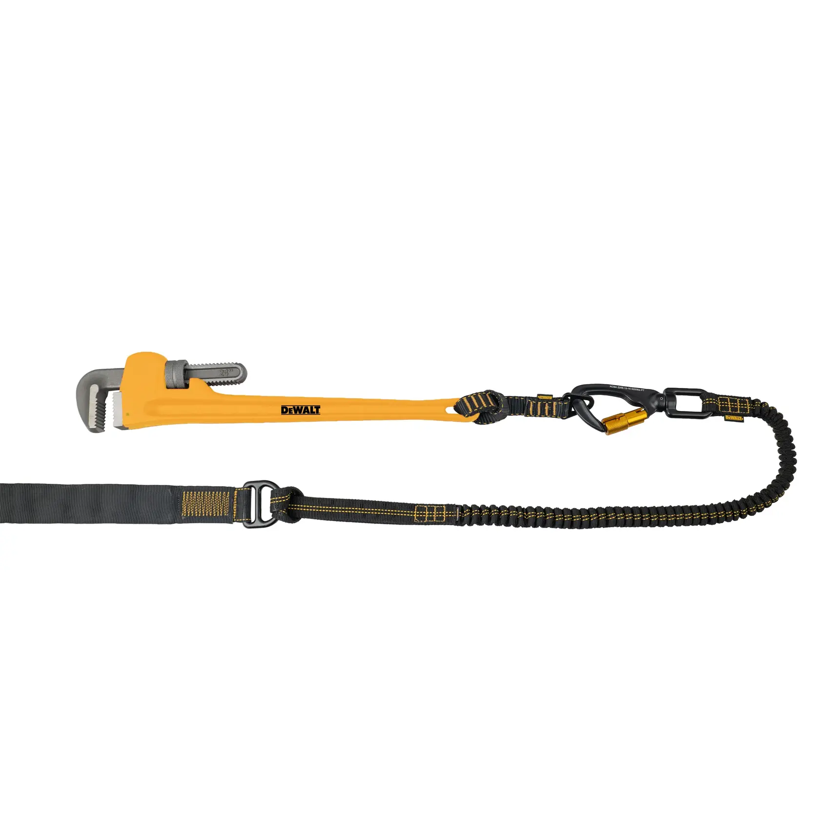 Front view of the DEWALT Single Leg Tool Lanyard, tool attachment and tool anchor on a plumber wrench