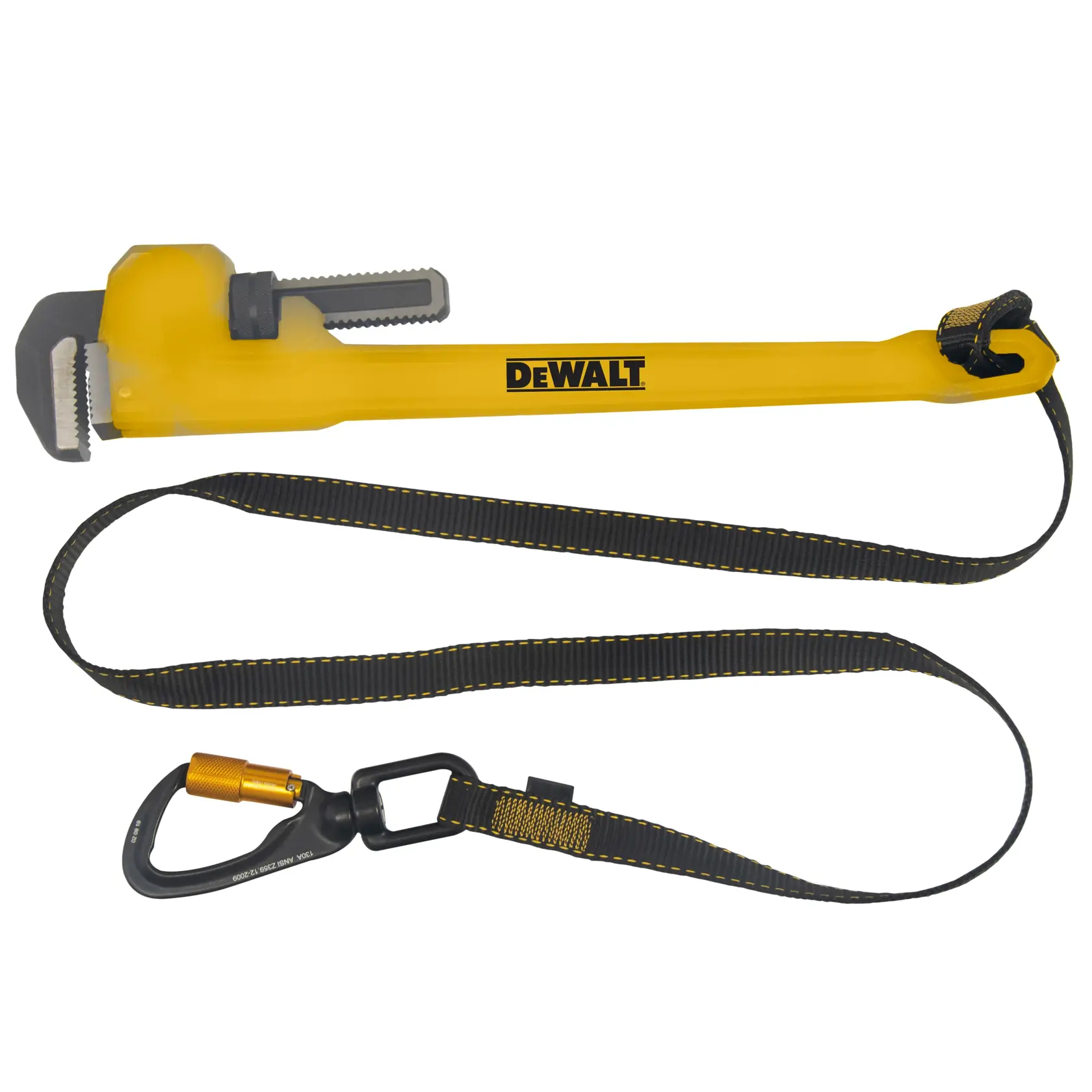 Front view of the DEWALT Single Leg Tool Lanyard cinched on a plumber wrench