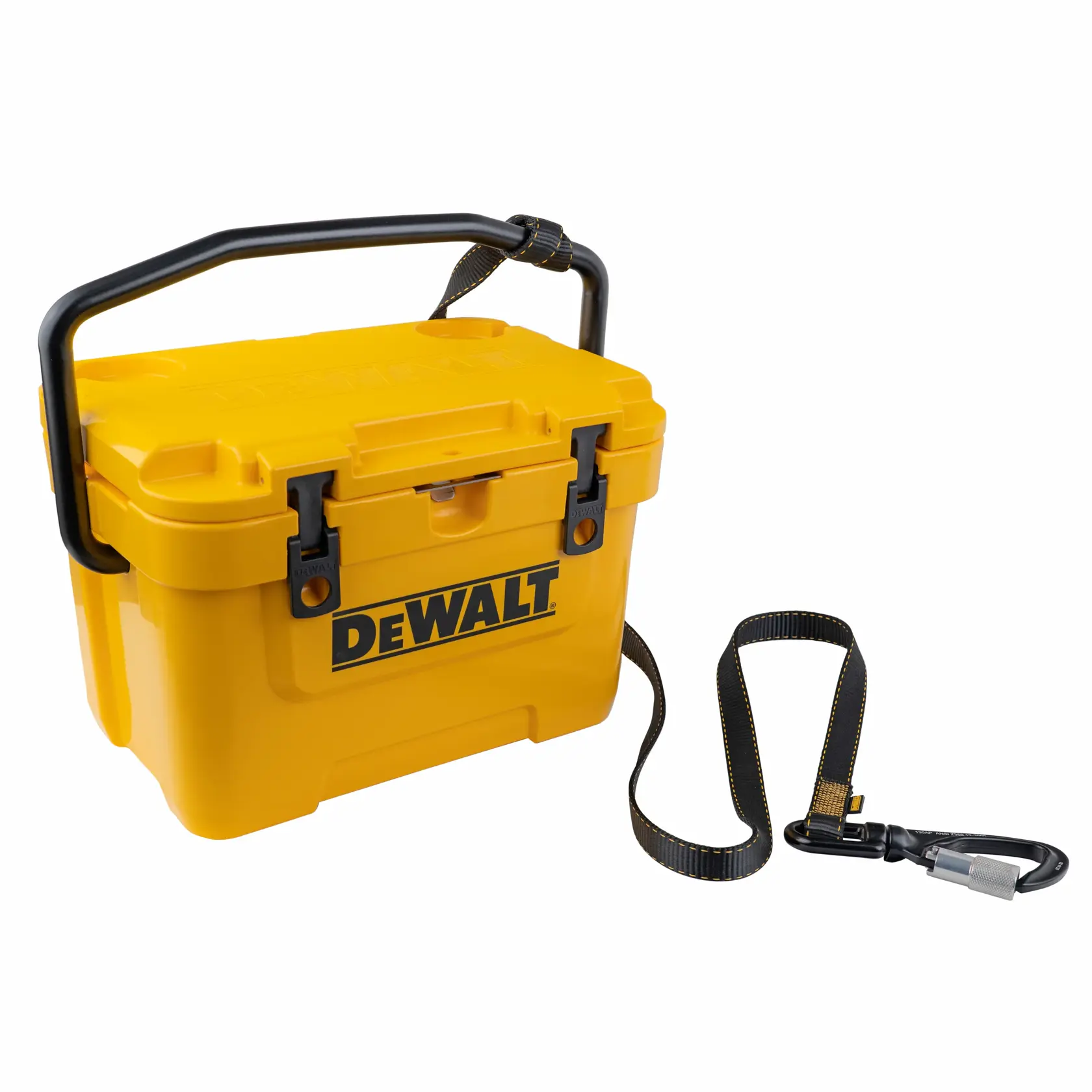 Front view of the DEWALT Single Leg Tool Lanyard cinched on a cooler