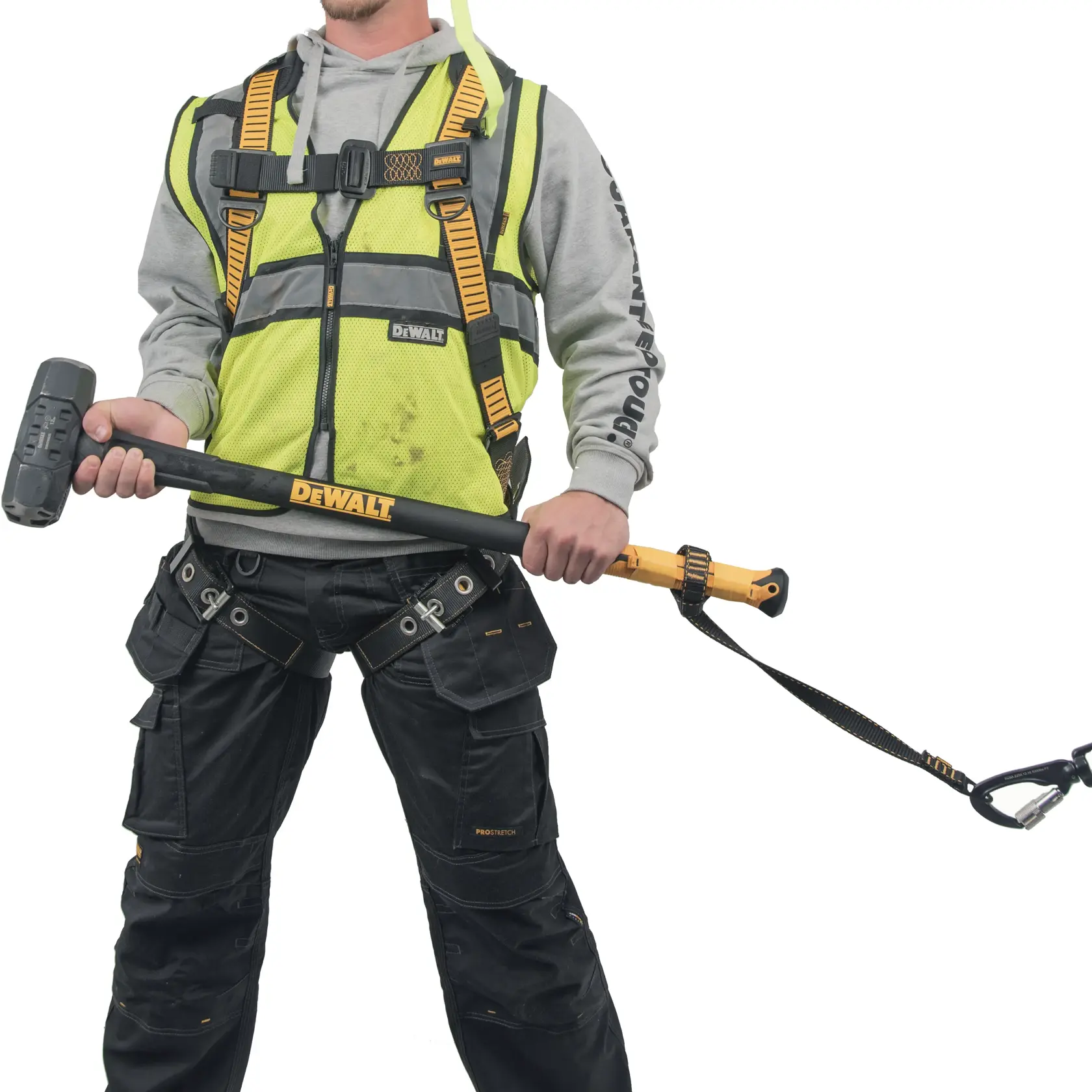 Worker holding a sledge hammer attached to DEWALT Single Leg Tool Lanyard