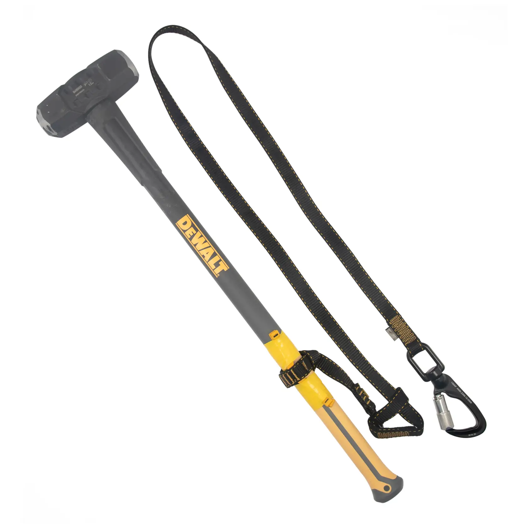 Front view of the DEWALT Single Leg Tool Lanyard cinched on a tool anchor taped on a sledge hammer