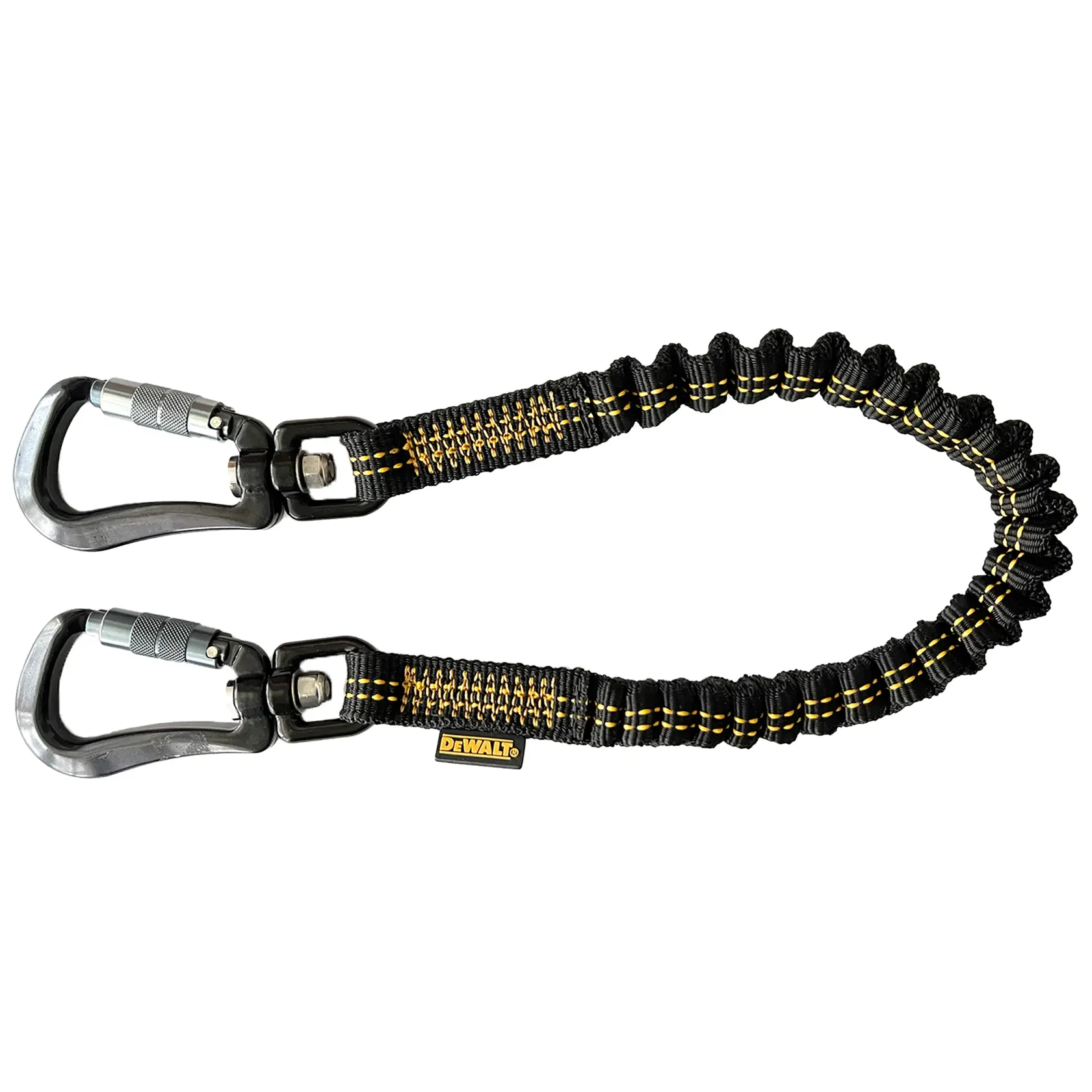 Front view of the DEWALT Power Tool Lanyard Dual Carabiner 38“, 15 lb. capacity“