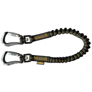 A black DEWALT tool lanyard with yellow stitching, featuring two locking carabiner clips on either end.