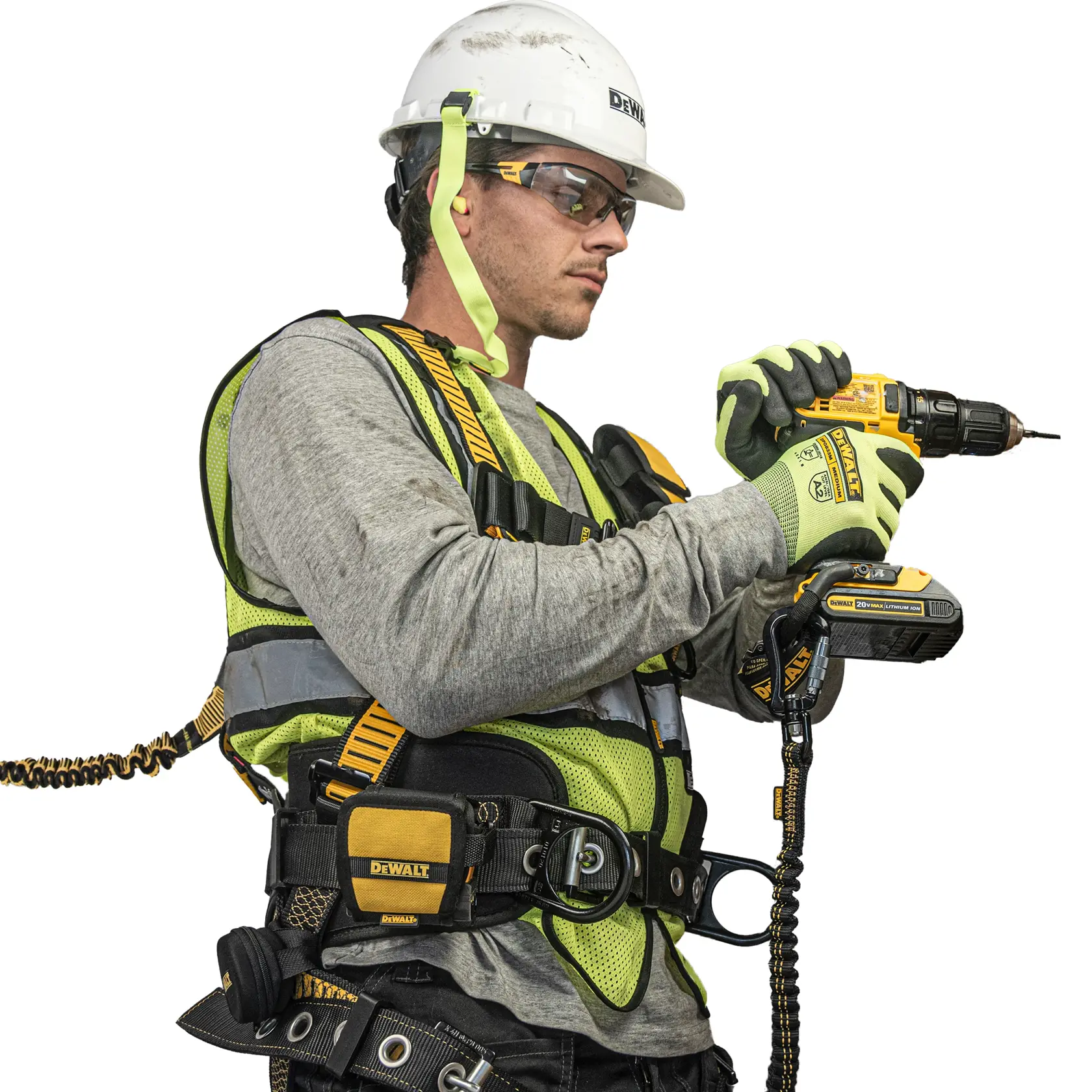 A person wearing safety equipment, including a hard hat, gloves, harness, and high-visibility vest, is using a DEWALT cordless drill. The DEWALT tool and accessories are visible, and the person's face is blurred.